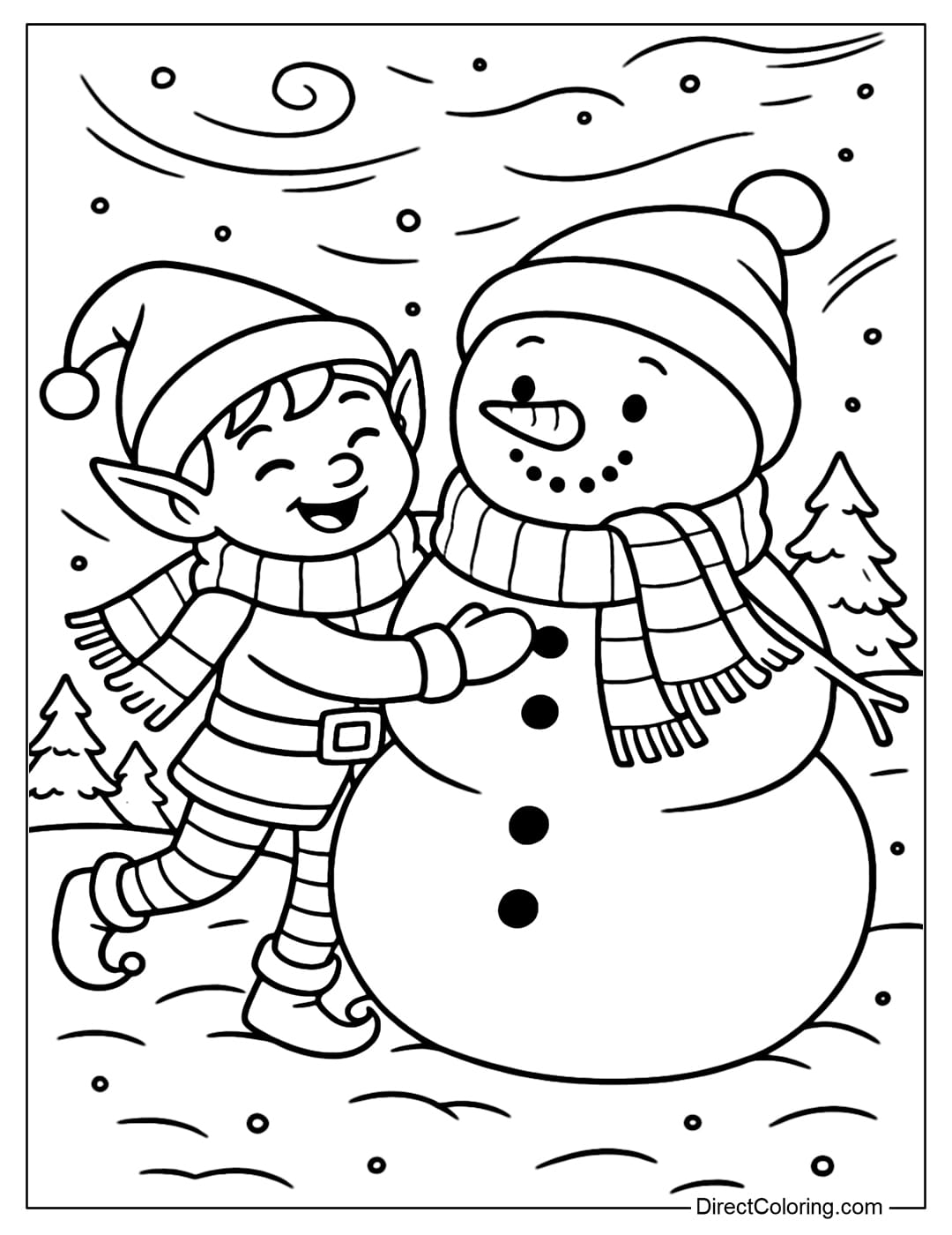 A coloring page of an elf and a snowman playing in the snow, both wearing scarves and hats.