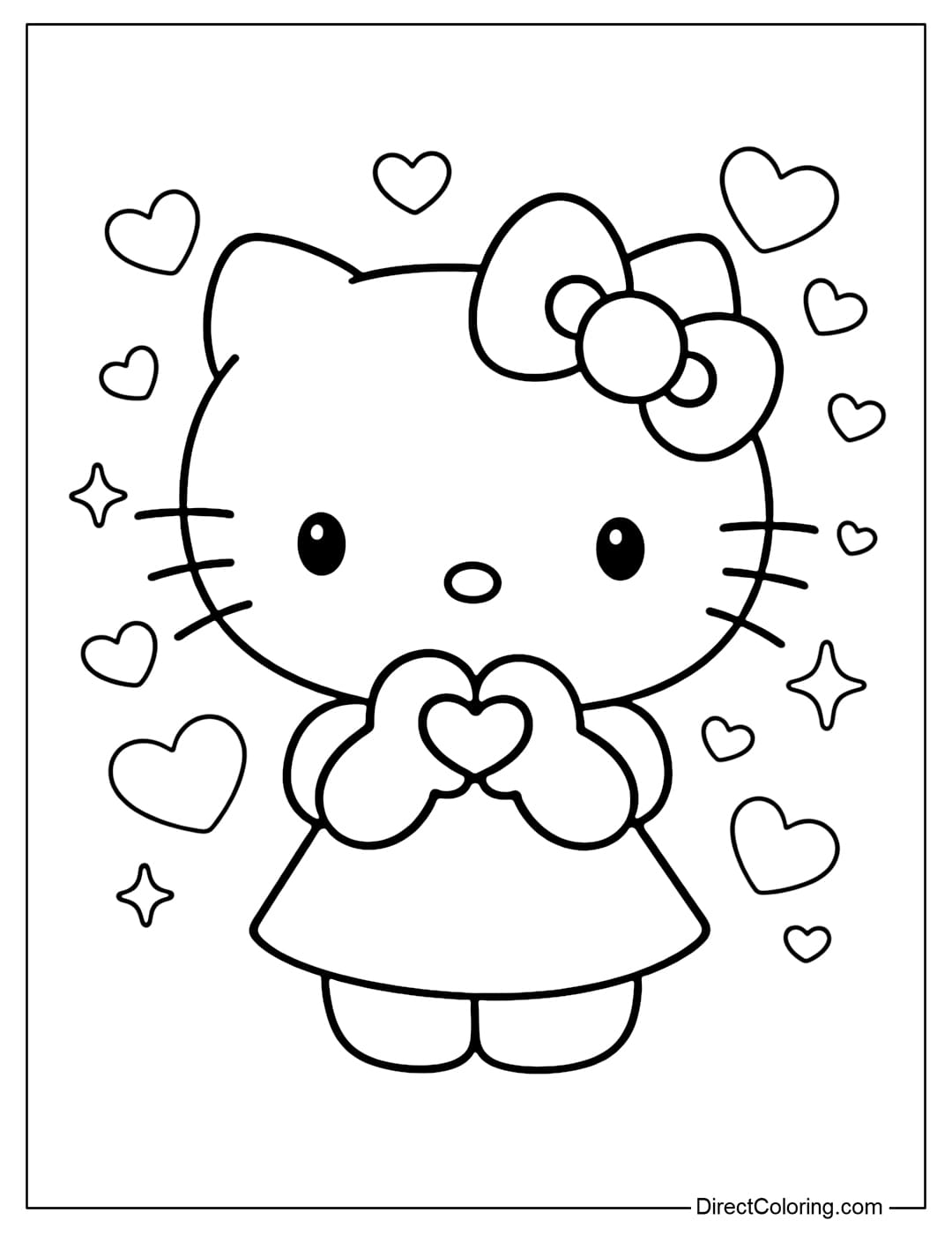 A coloring page featuring Hello Kitty with her hands cupped together to form a heart shape, surrounded by small hearts and stars floating gently.