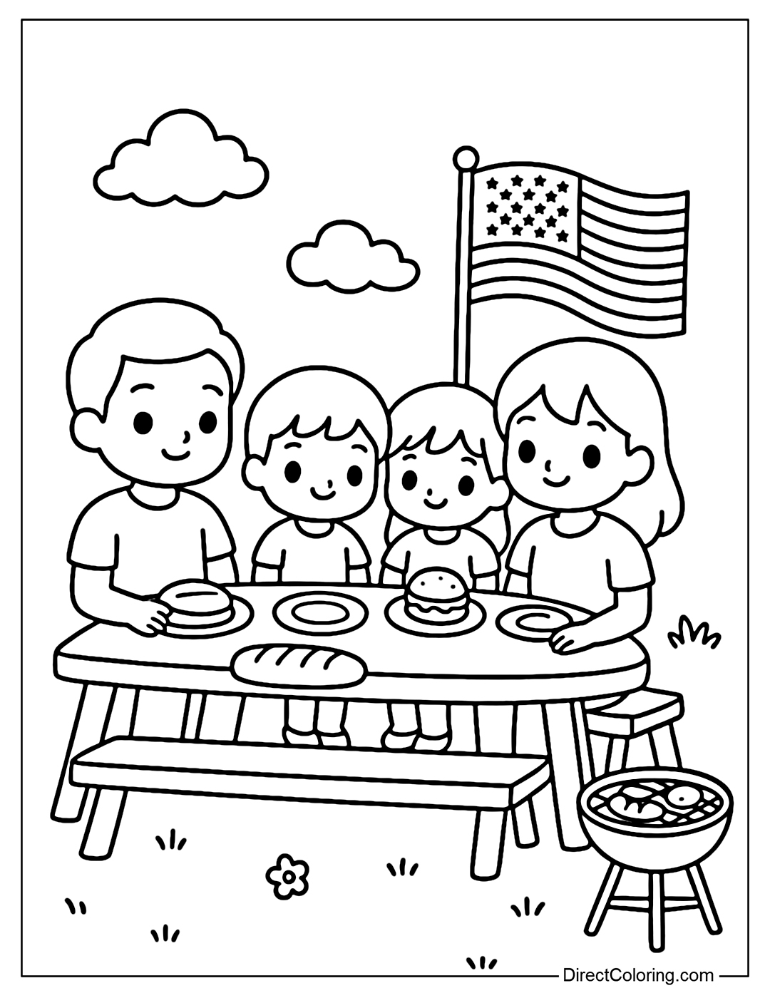 Coloring page of a family of four having a picnic, with a picnic table, bread, BBQ and an American flag nearby.