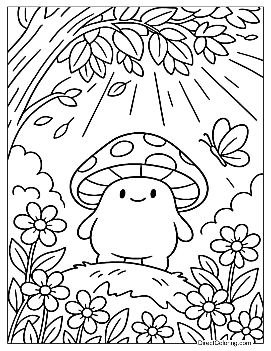 Coloring page looking up from the bottom of the flower forest, a small round-bellied mushroom wearing a red cap stands on a mound of earth.