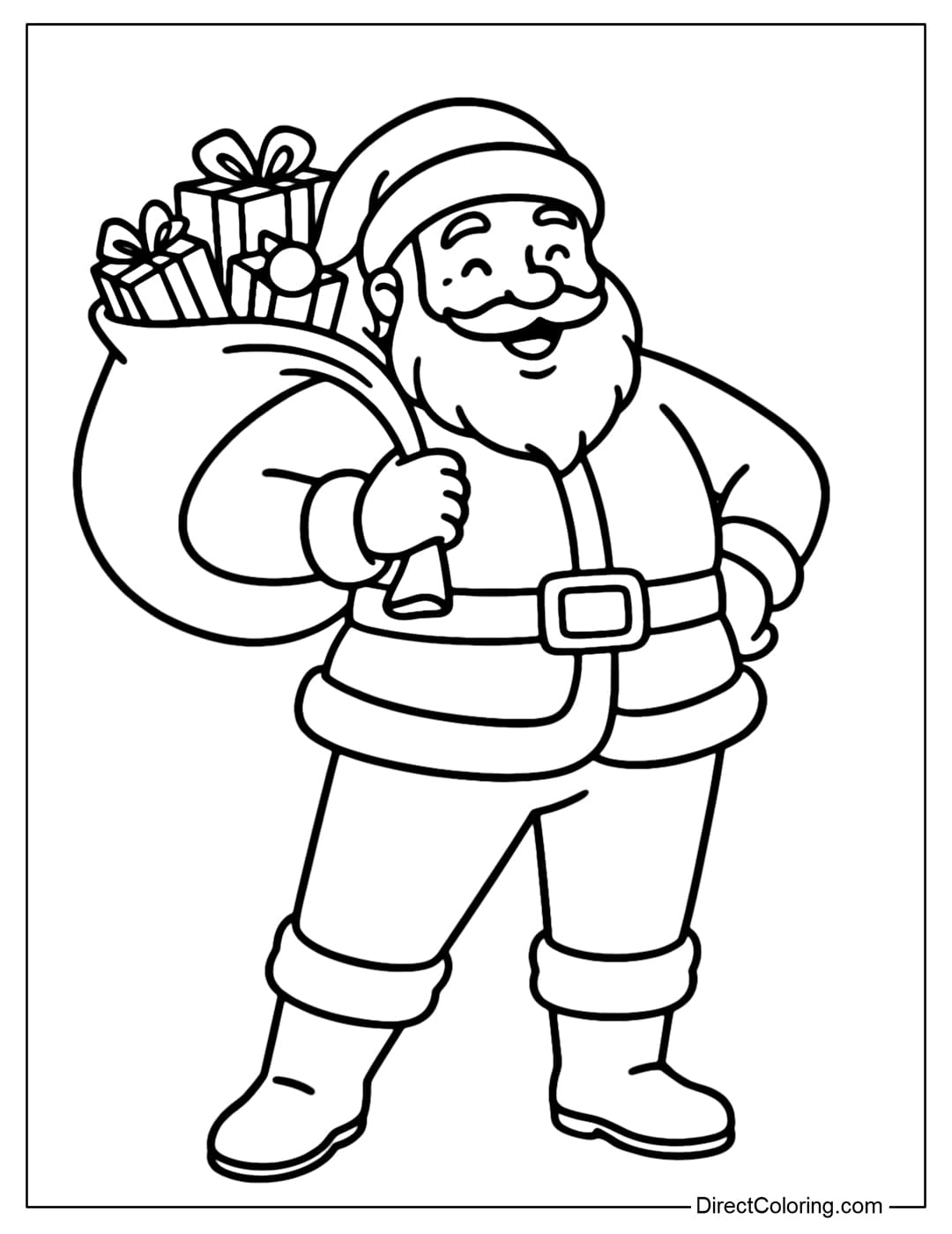 Santa Posing with Gift Bag Coloring Page Santa coloring page with one hand on his hip, the other hand holding a large gift bag on his shoulder.