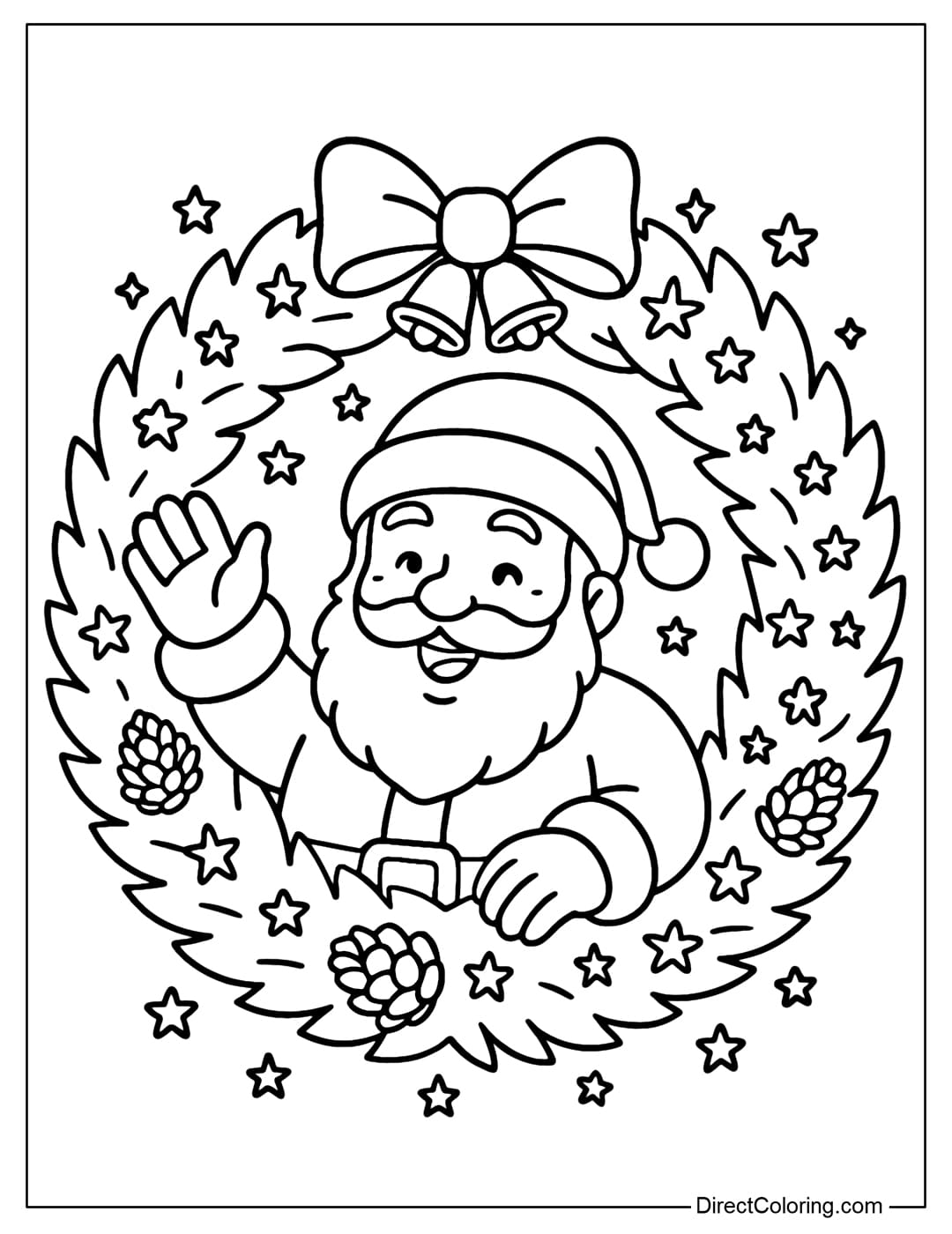 Santa in Christmas Wreath Coloring Page Santa Claus coloring page appears in the middle of a laurel wreath, he smiles brightly, his hands raised as if greeting.