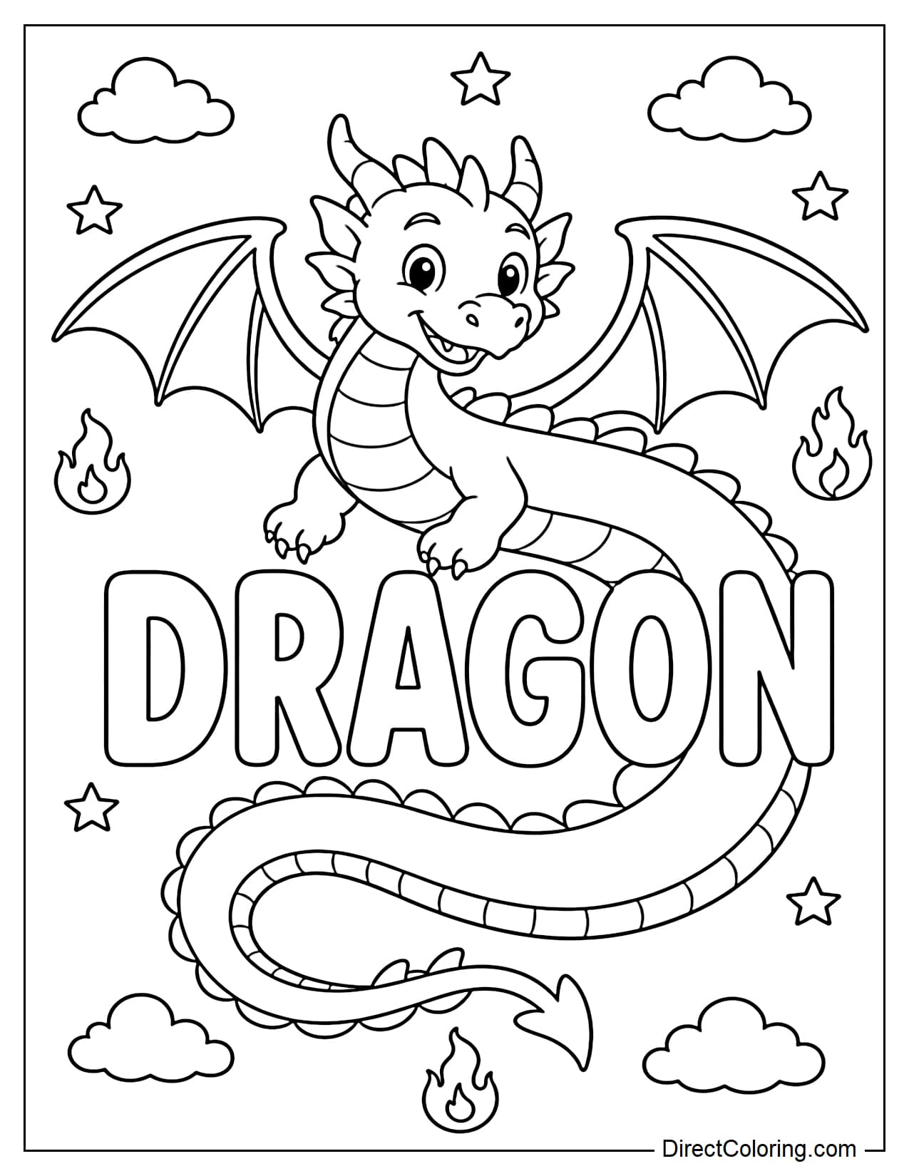 A long dragon is curling around the large uppercase word DRAGON, with its head above the letters, wings spread out, and tail looping below the word. Around it are stars, a flame, and clouds.