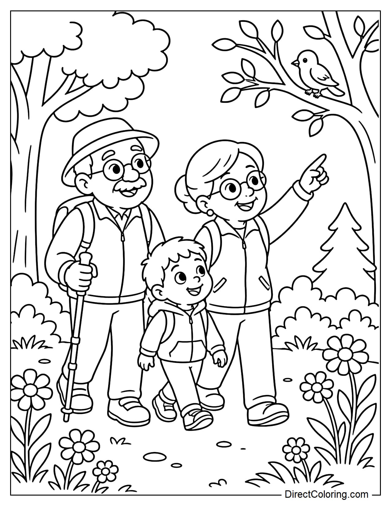 Grandparents and their grandchild hike on a flat nature trail. The grandfather holds a trekking pole, and the grandmother points out a bird on a branch to the child, surrounded by some easy-to-color wildflowers and trees.