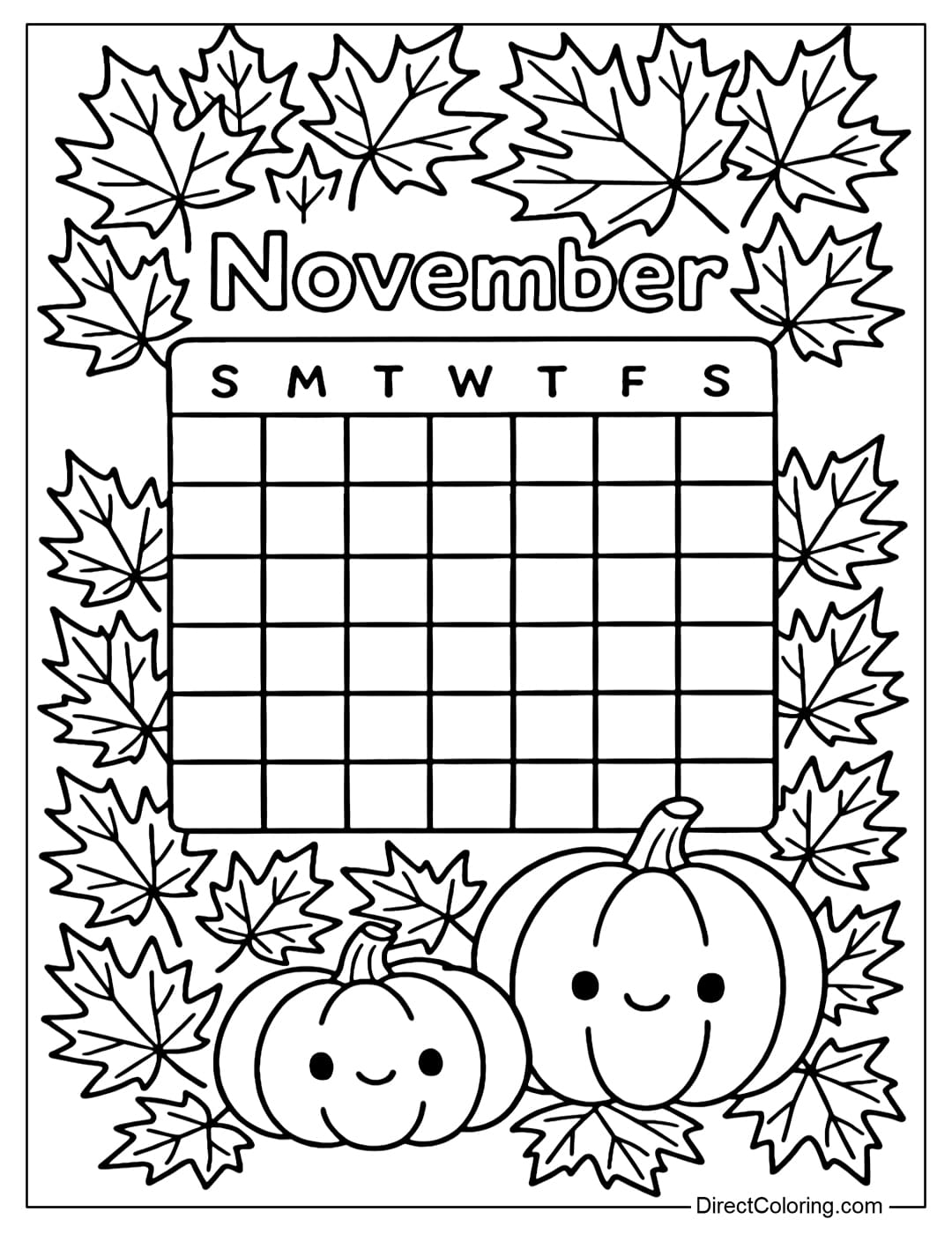 A November calendar coloring page with clear date boxes, surrounded by maple leaves and a few small pumpkins at the bottom of the calendar.
