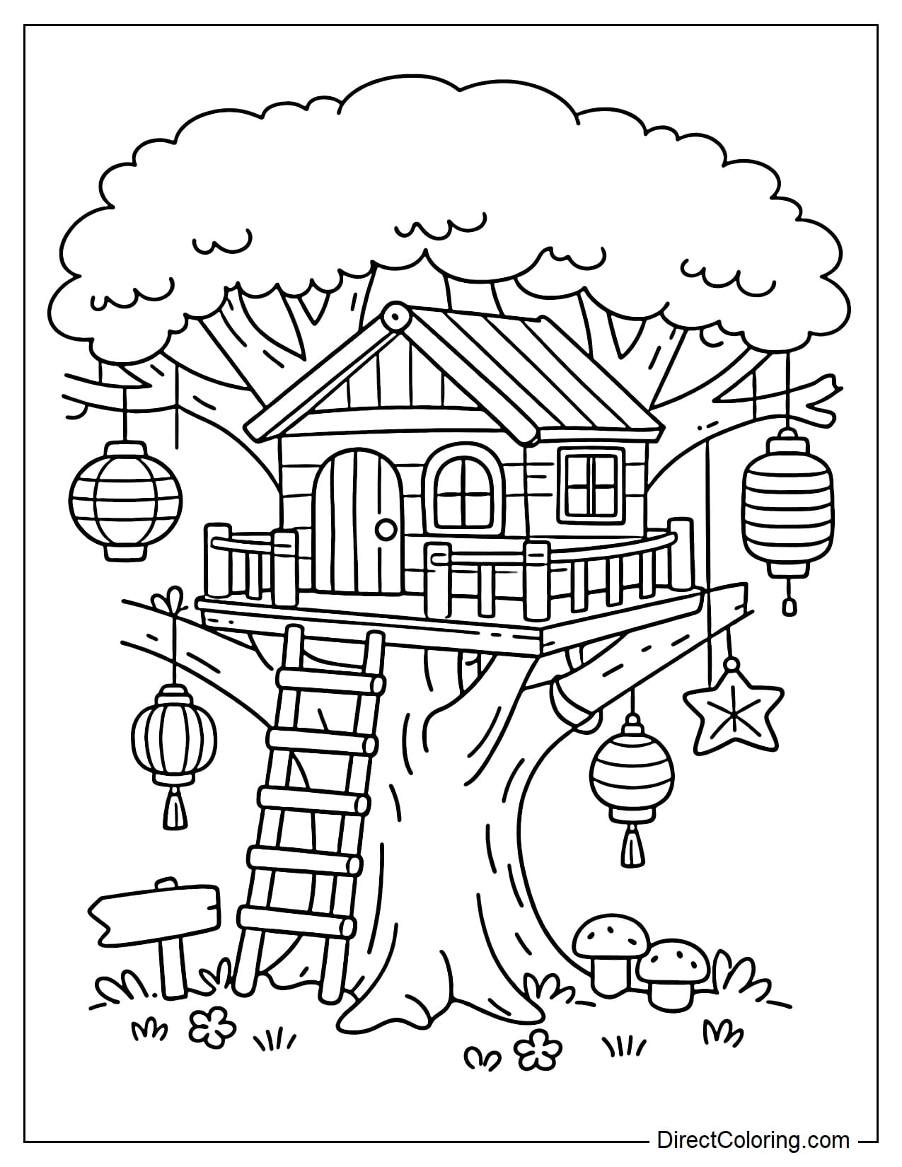 A treehouse with several lanterns hanging around the branches.