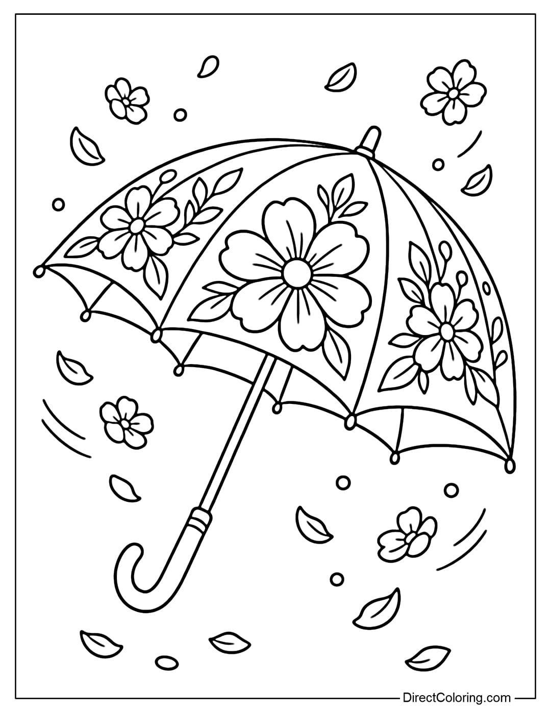 A coloring page of an umbrella with a large floral pattern on its surface, surrounded by a few petals fluttering in the wind.