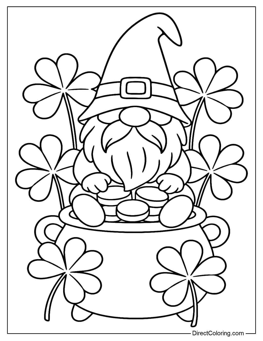 A coloring page of a gnome celebrating St. Patrick's Day, sitting on a pot of gold with some large coins, surrounded by some shamrock leaves.