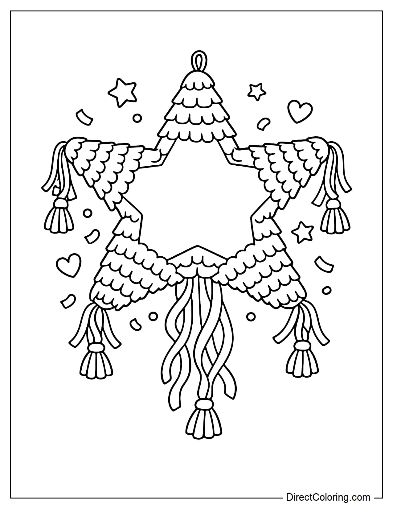 A traditional five-pointed star piñata, decorated with layered pleated paper and long fringes at each end of the star. Around the star are drawings of hearts, small stars, and flying scraps of paper.