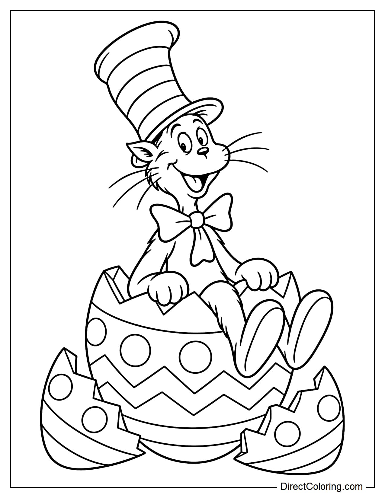 The Cat in the Hat sits happily inside a giant Easter egg cracked in half, resting both hands on the shell with his legs sticking out in front and two large pieces of eggshell beside him.
