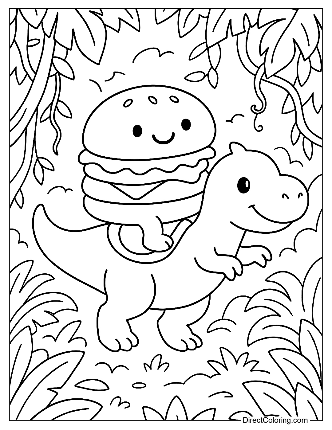 a coloring page of a hamburger riding a dinosaur, adventuring through the jungle