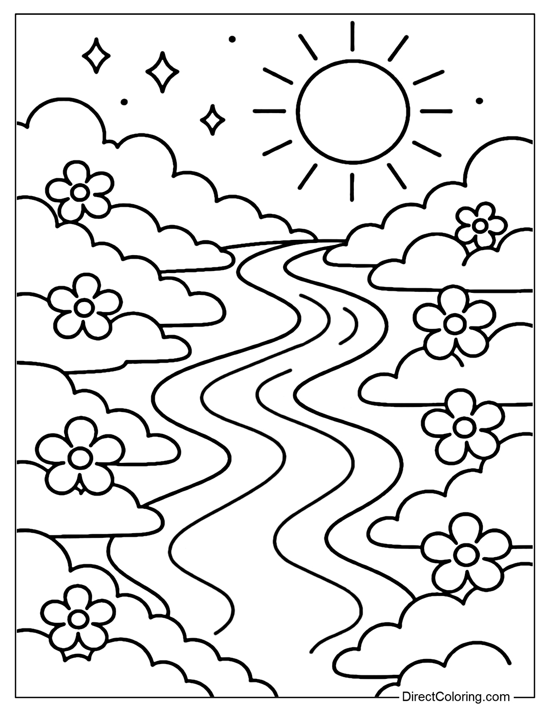 Coloring page of a silver river flowing between layers of clouds covered with soft flowers, reflecting the bright sunlight.