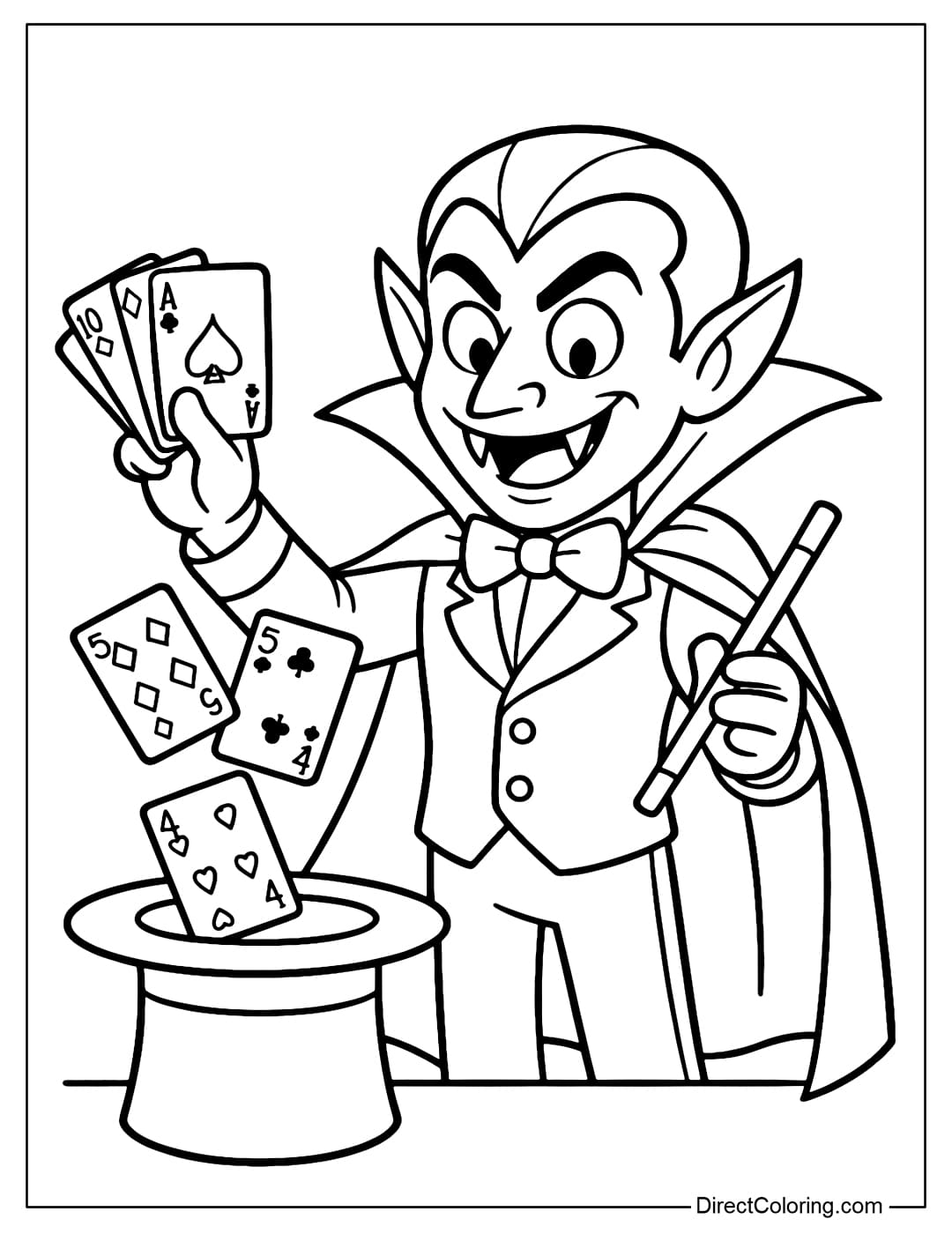 Vampire Magician Coloring Page Vampire coloring page dressed as a magician, performing magic with cards and a hat.