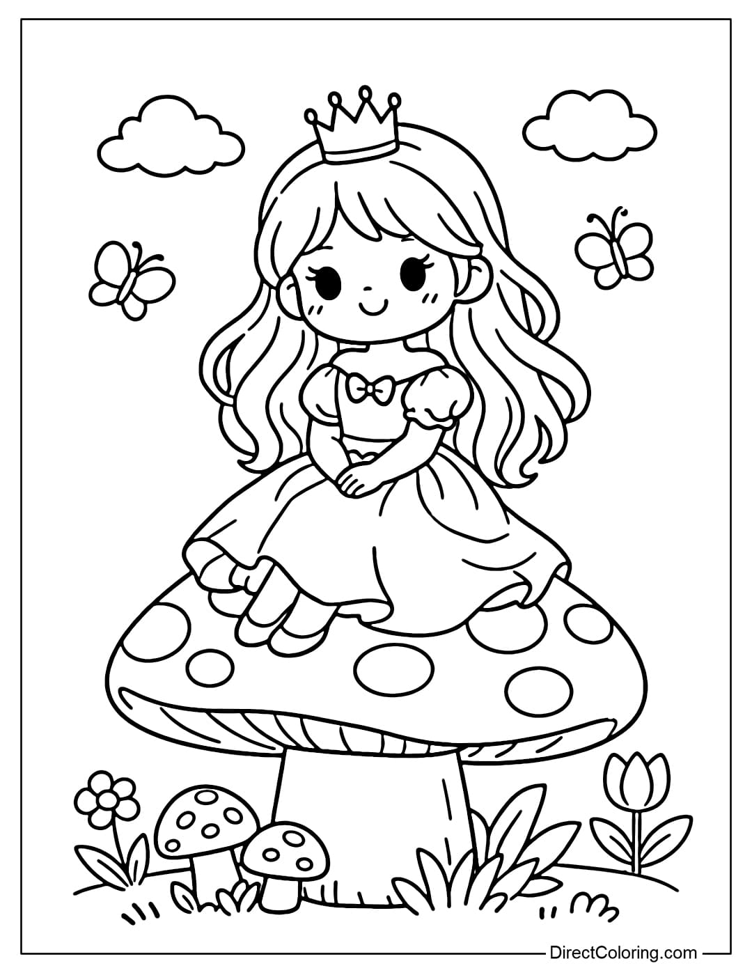 A coloring page featuring a princess sitting on a large mushroom and simple flowers.