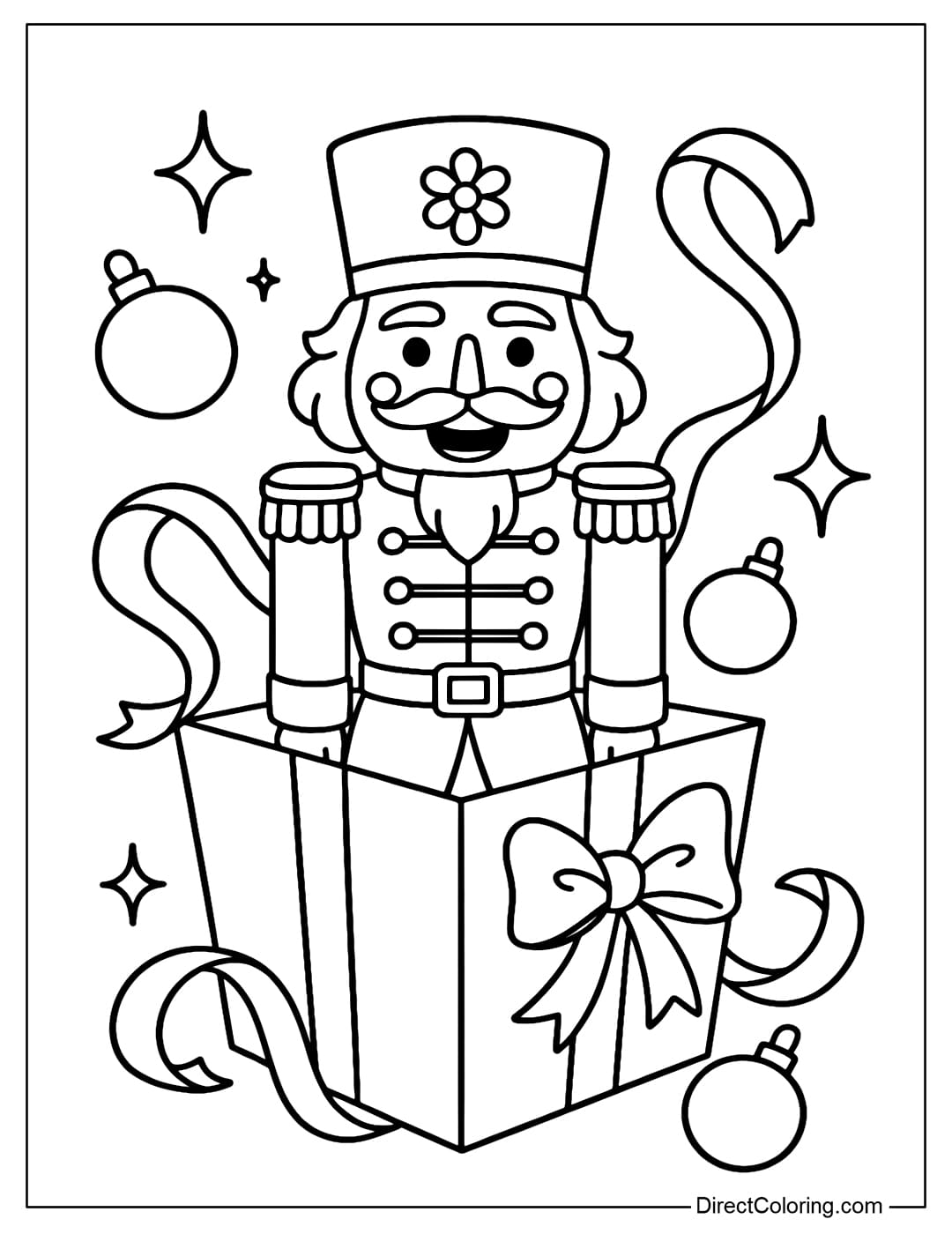 Coloring page of a Nutcracker in a large Christmas gift box opened, surrounded by ribbons and balls.