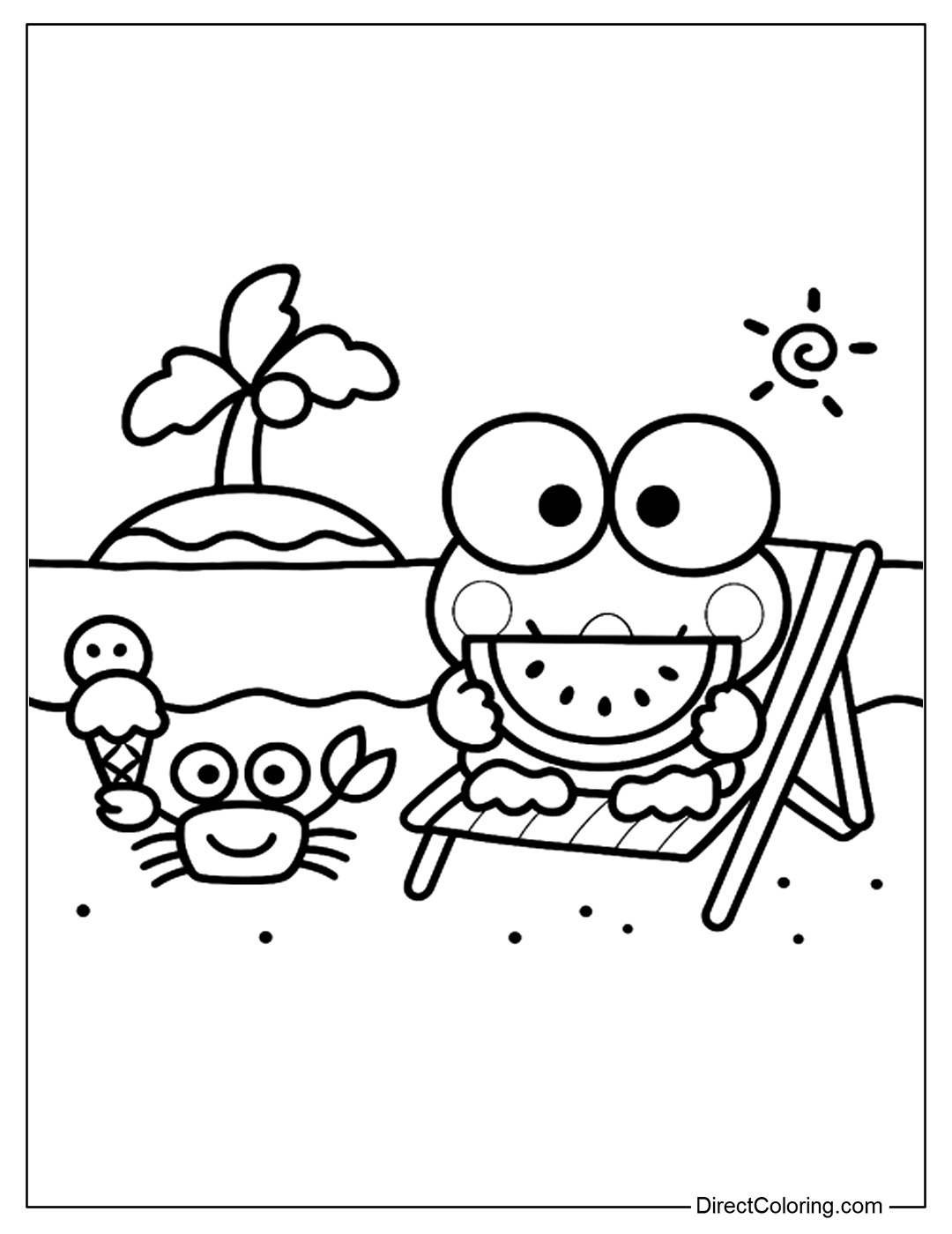 Keroppi Relaxing on the Beach Coloring Page Printable