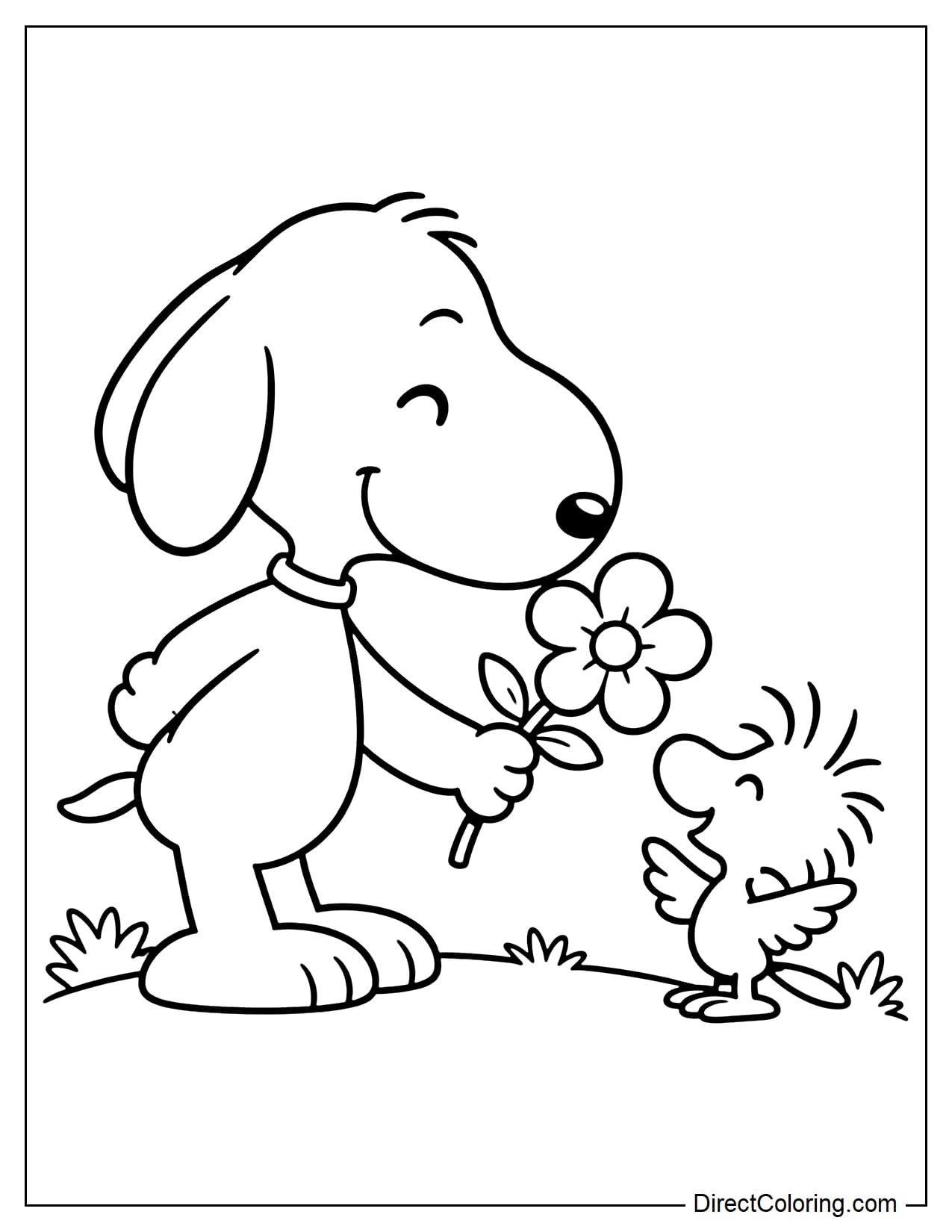 Snoopy bends forward to give Woodstock a large five-petal flower. Woodstock looks up happily and spreads his little wings.