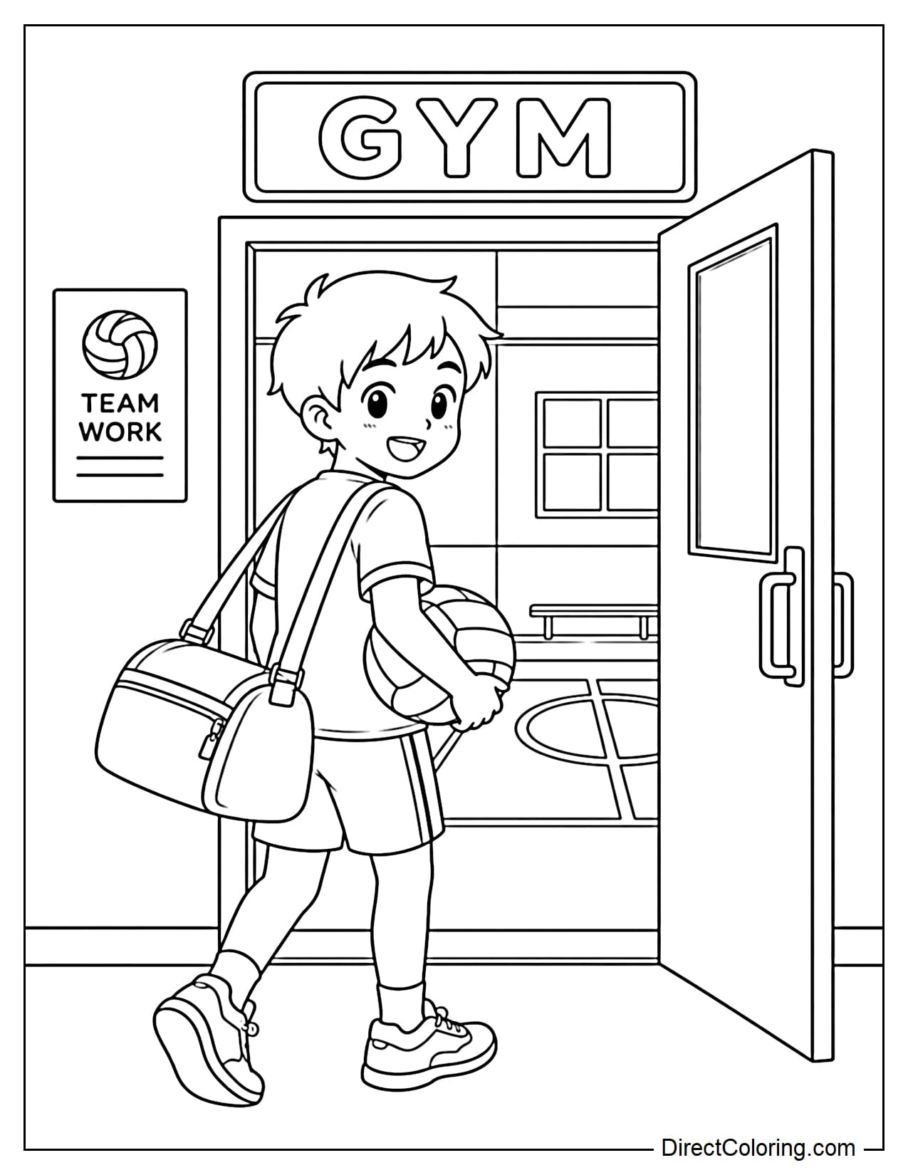A young boy volleyball player is walking into the gym with a sports bag over his shoulder and a volleyball tucked under his arm, with the gym entrance in front of him.