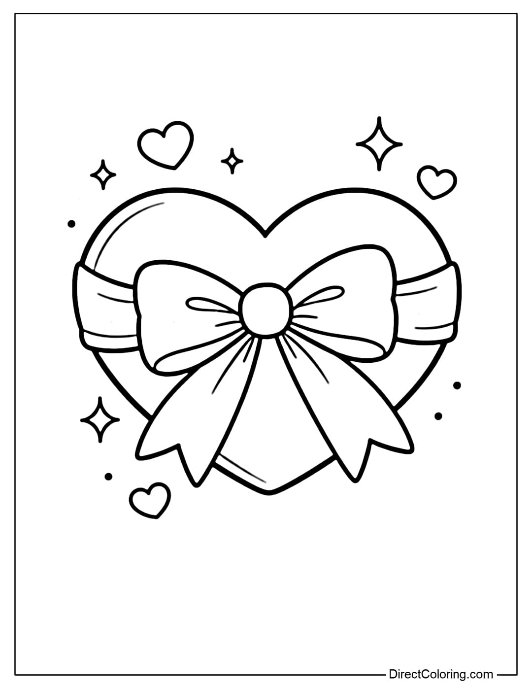 A coloring page with a heart decorated with a large ribbon bow.