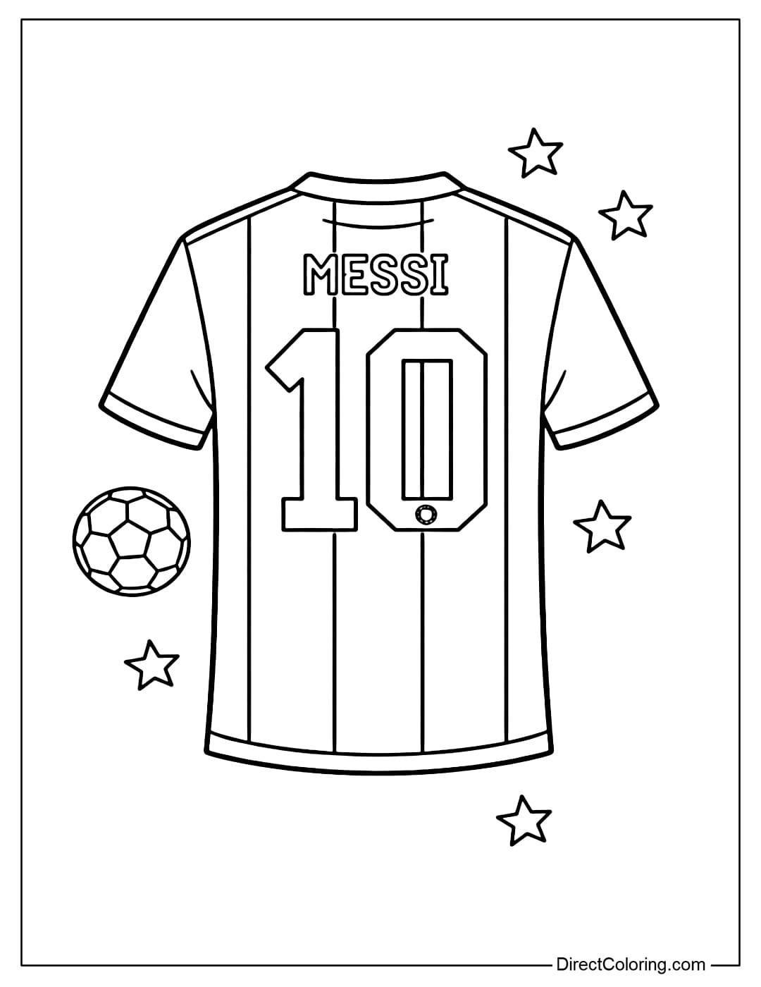 Coloring page of Lionel Messi's signature jersey, featuring a large number 10 and the name MESSI on the back.