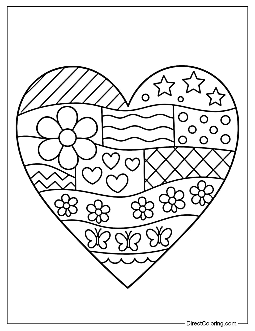 A coloring page of a large heart decorated with a simple pattern inside.