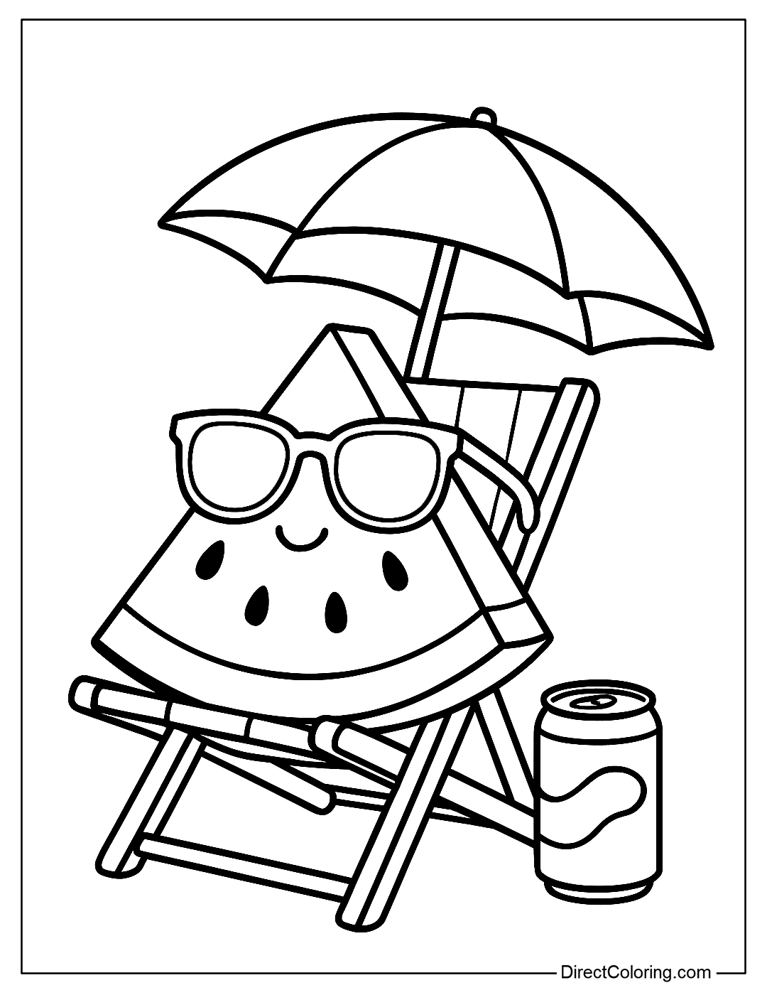 A slice of watermelon lying on a beach chair, with sunglasses, an umbrella, and a can of soda