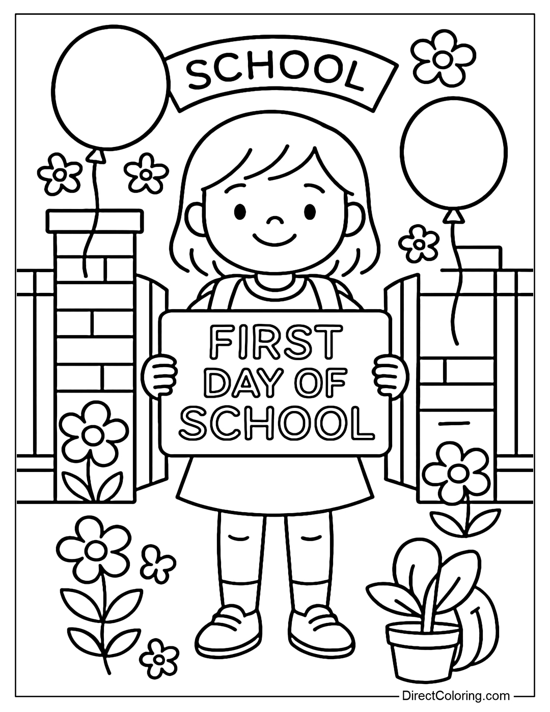 Coloring page of a child holding a First Day of School sign standing in front of the school gate, surrounded by balloons and flowers.