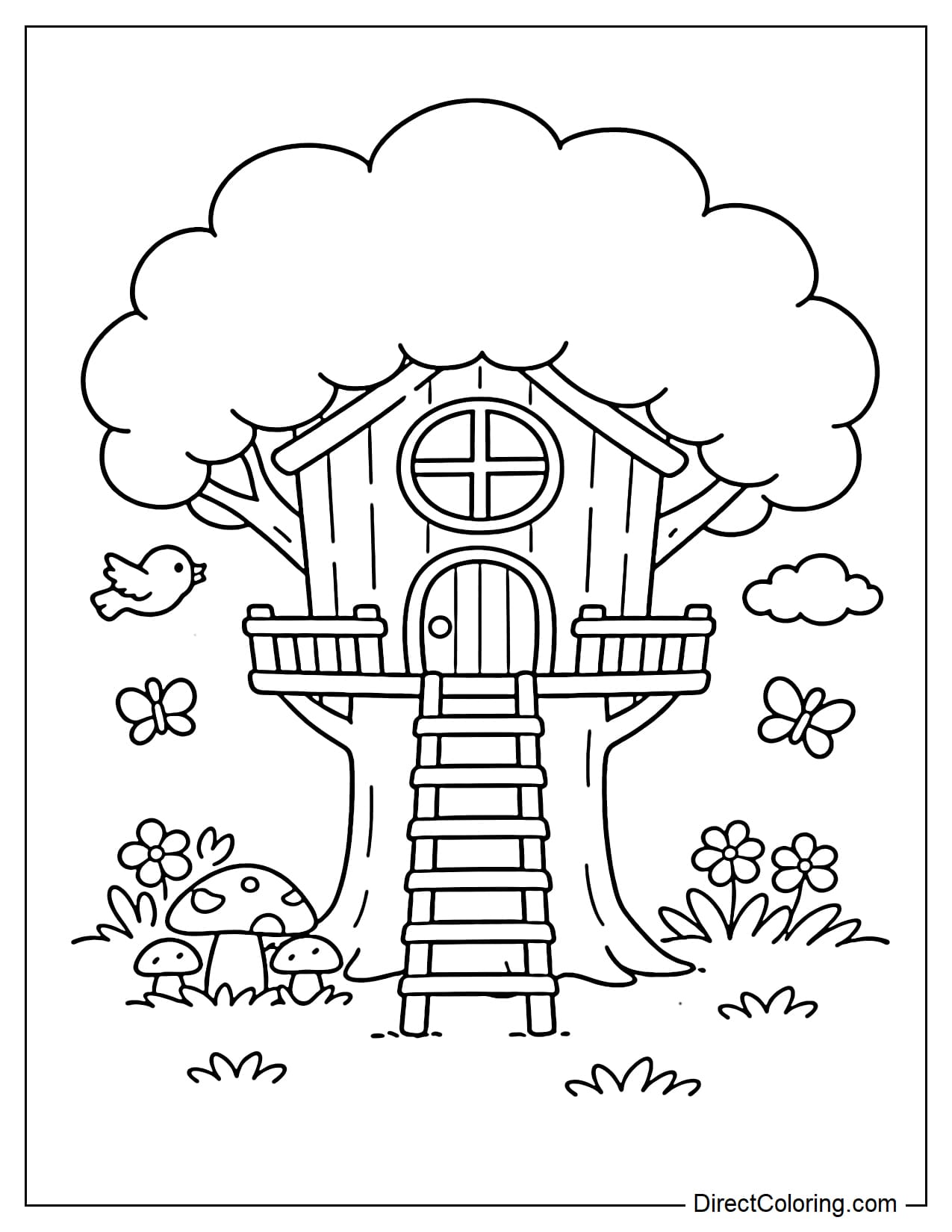 A simple treehouse with a large round door and window, a smooth tree trunk, and large block-shaped foliage.