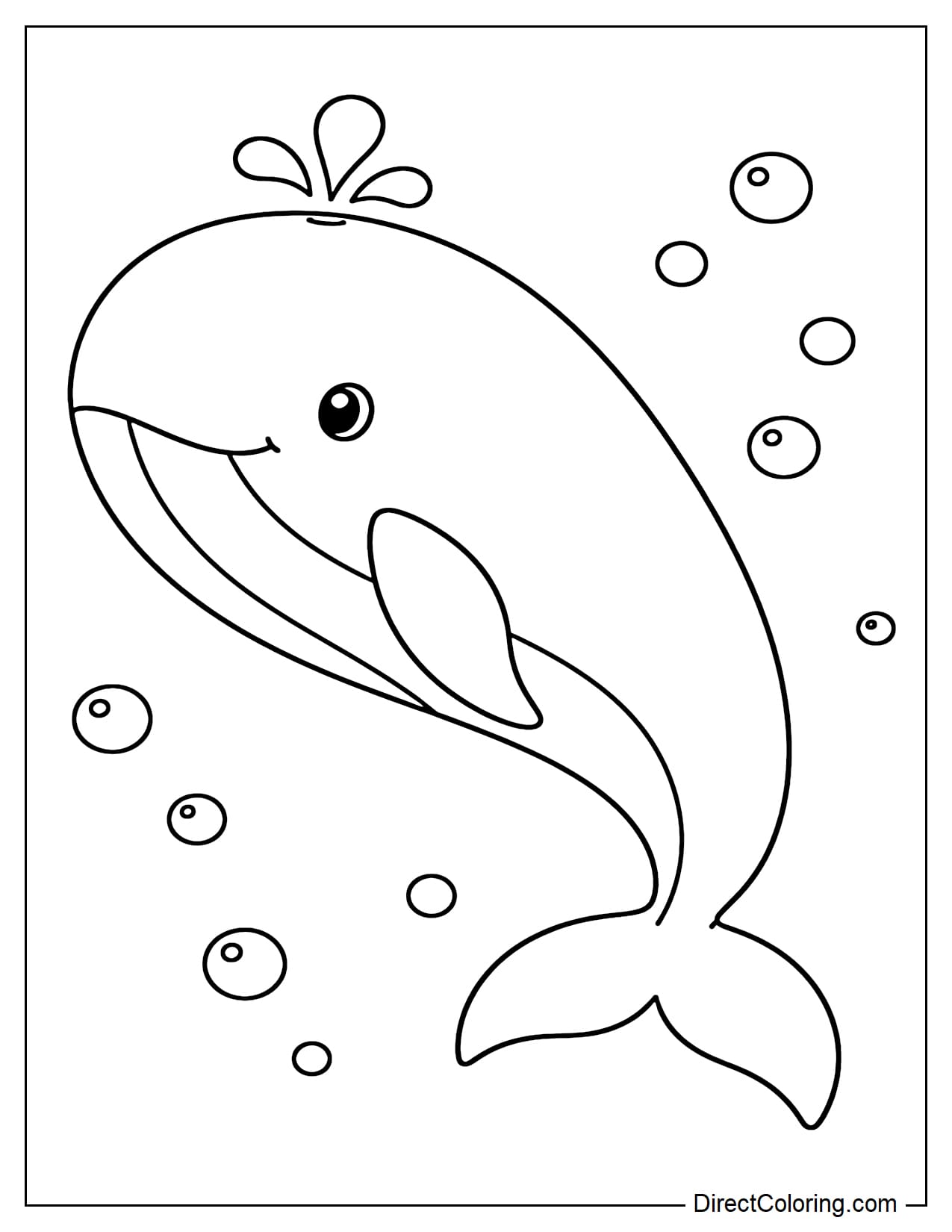 A whale with a round head and a wide tail, surrounded by several bubbles of water.