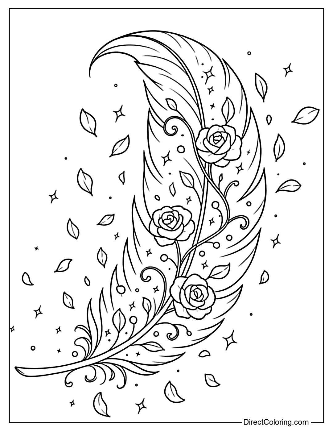 A feather coloring page that curves gently as if floating in the wind, decorated with sparkling rose petals that glow, following the curve of the feather.