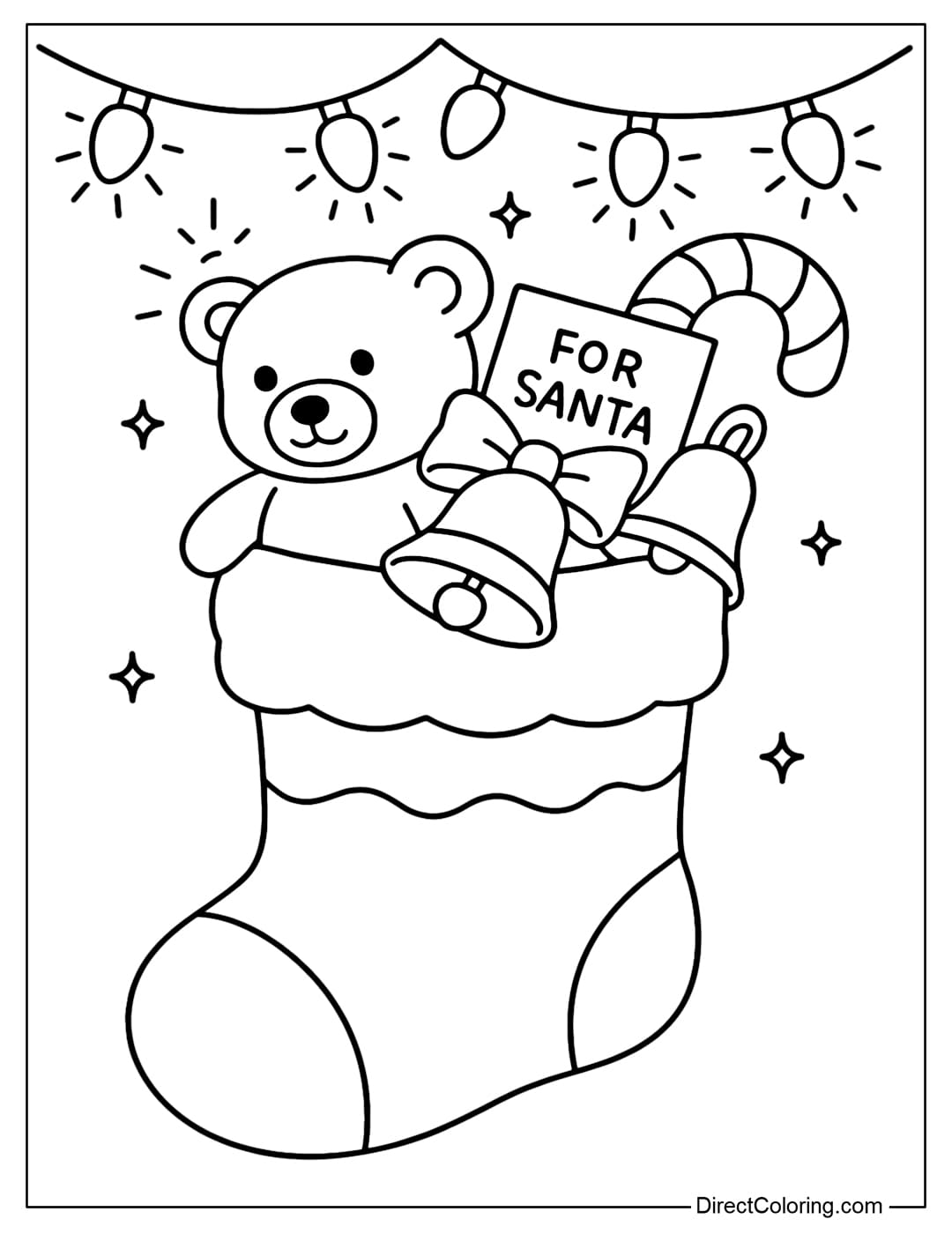 Coloring page of a red stocking filled with gifts: teddy bear, candy cane, golden bell and a little letter to Santa.