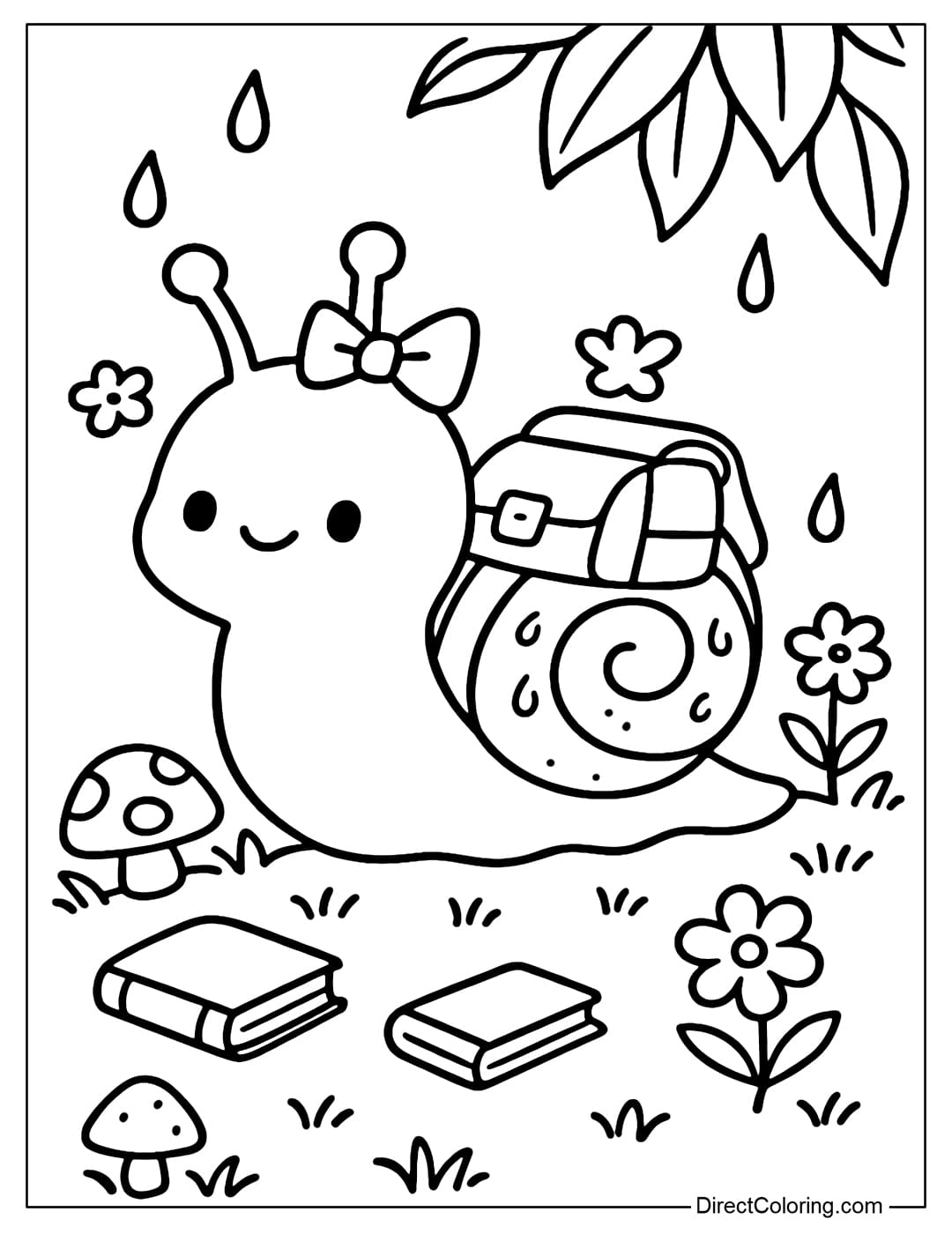 A cute snail coloring page carrying a small school bag on its back, and a playful bow on its head.