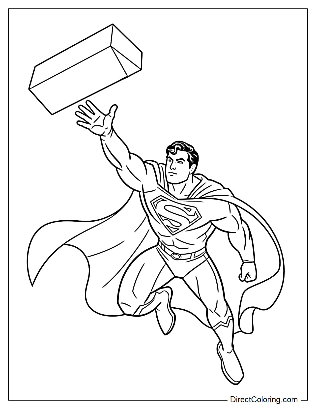 Superman is catching a falling box with his hand, a slight movement with his cape billowing behind him.