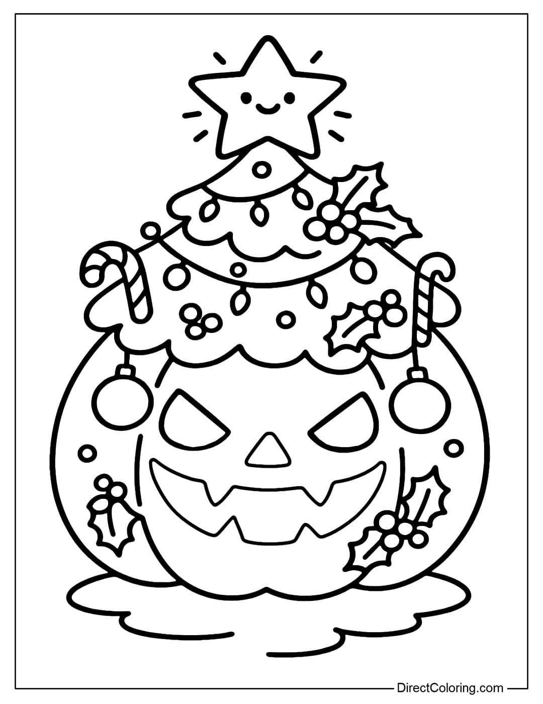A giant pumpkin coloring page carved with a ghostly smiley face, decorated as a snow-covered Christmas tree, hanging balls, candy canes, and holly leaves.