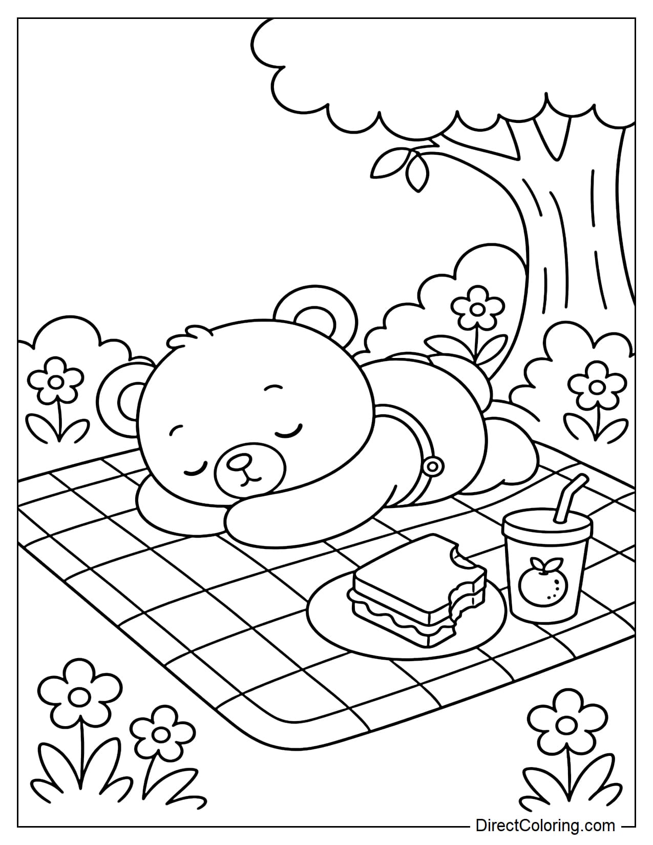 A little bear is asleep on a picnic blanket next to an unfinished sandwich and a small glass of juice.