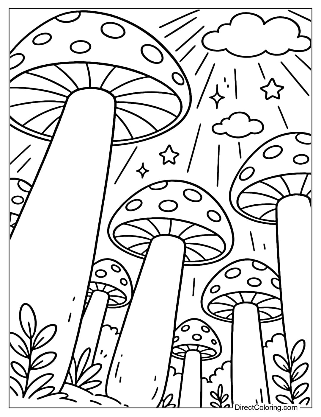 Coloring page with a view from below the giant mushroom forest looking up, the large mushroom stalk near by takes up most of the frame.