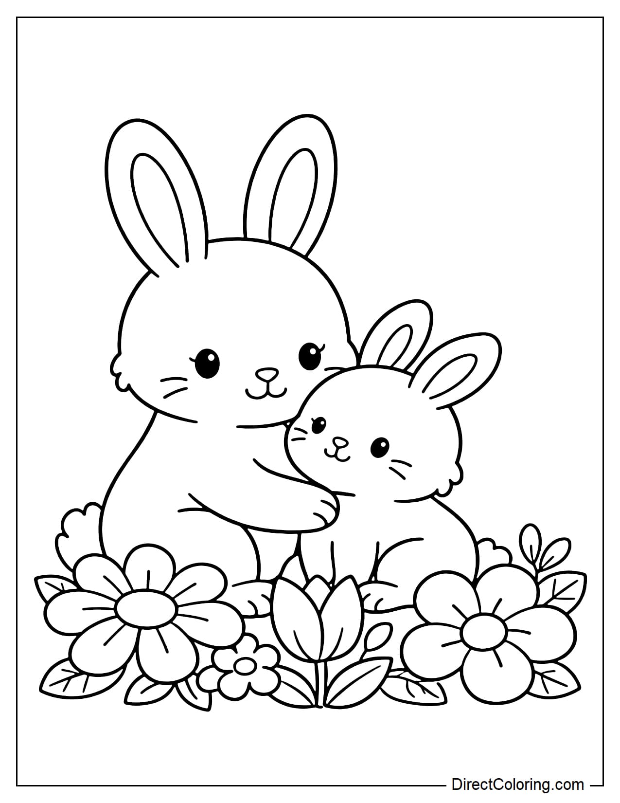 A mother rabbit and her baby rabbit are sitting next to each other, with several large flowers underneath.