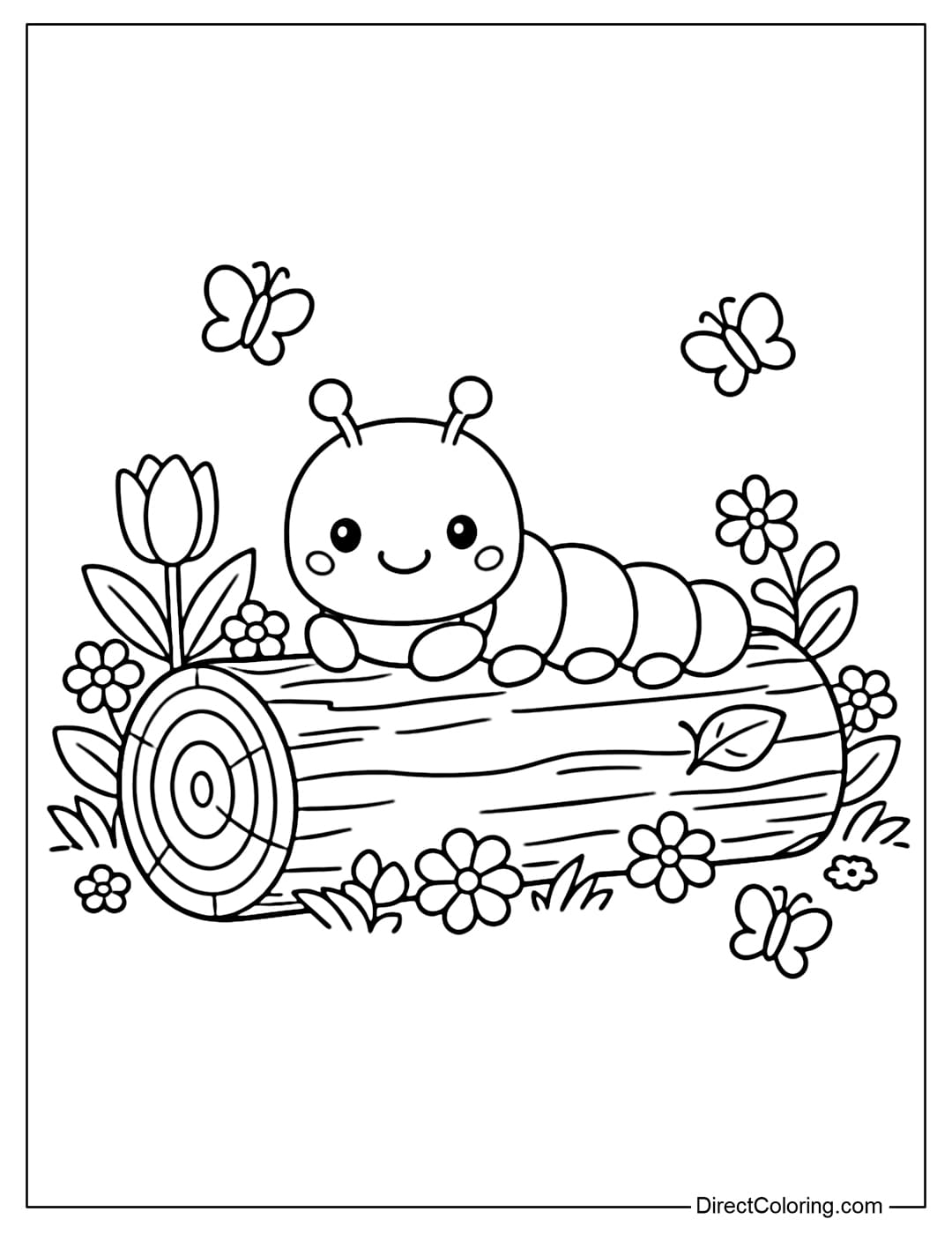 A coloring page featuring a cute spring caterpillar lying on a round log, surrounded by spring flowers and small butterflies.