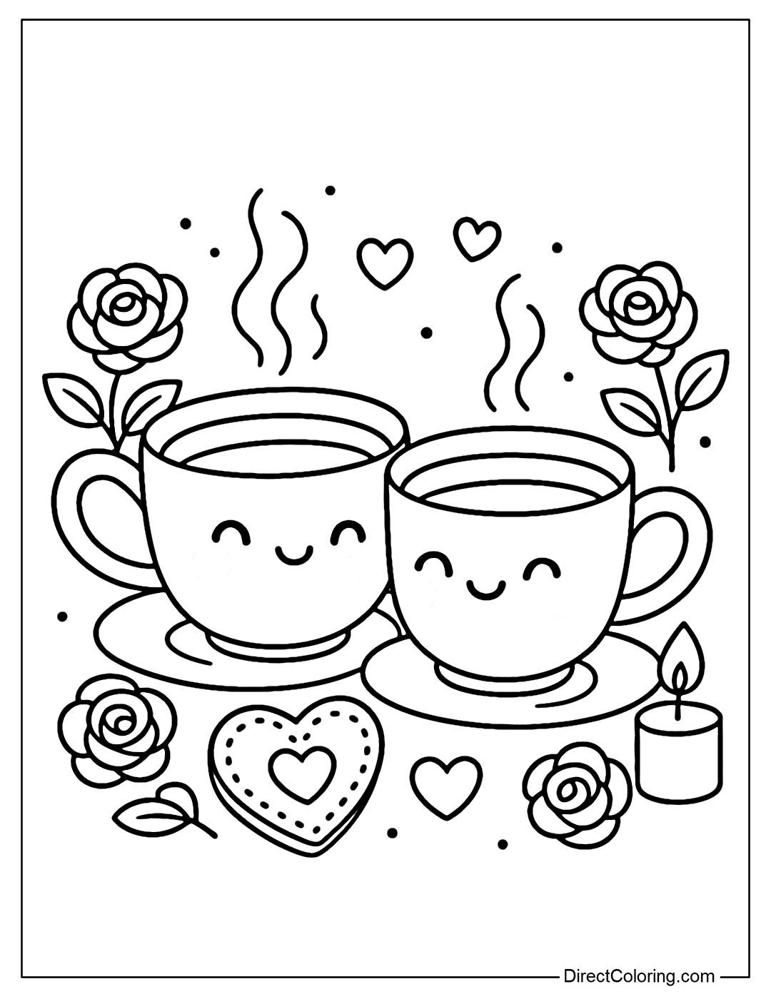 Coloring page of two kawaii coffee mugs with rosy cheeks, “dating” on the table, surrounded by roses, heart-shaped cookies and sparkling candles.