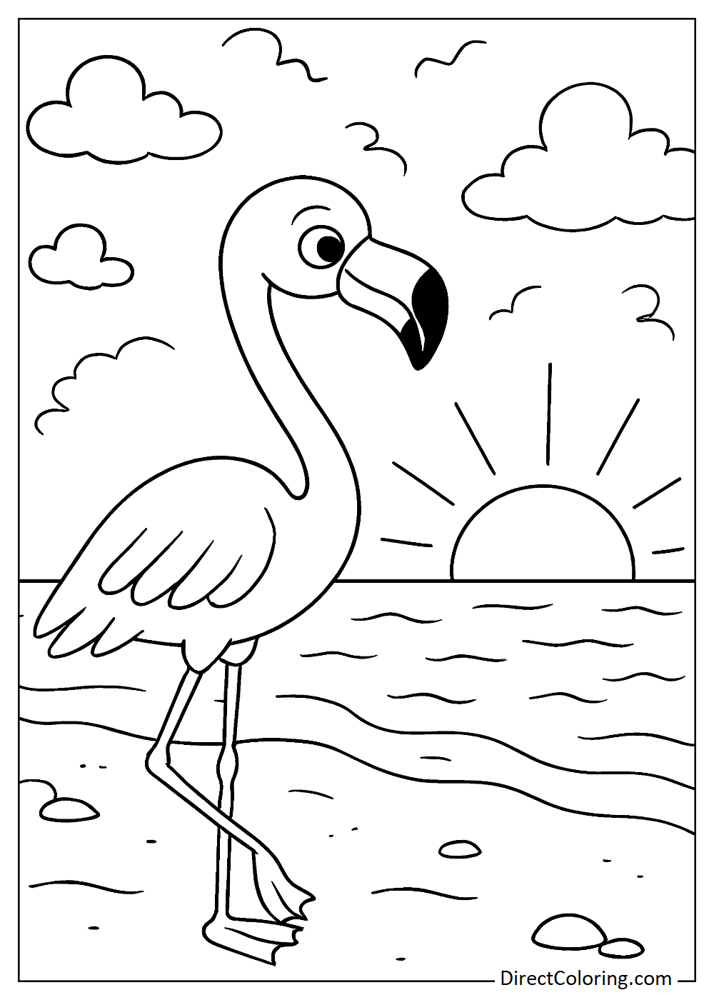 Flamingo standing on the beach and watching sunrise coloring page