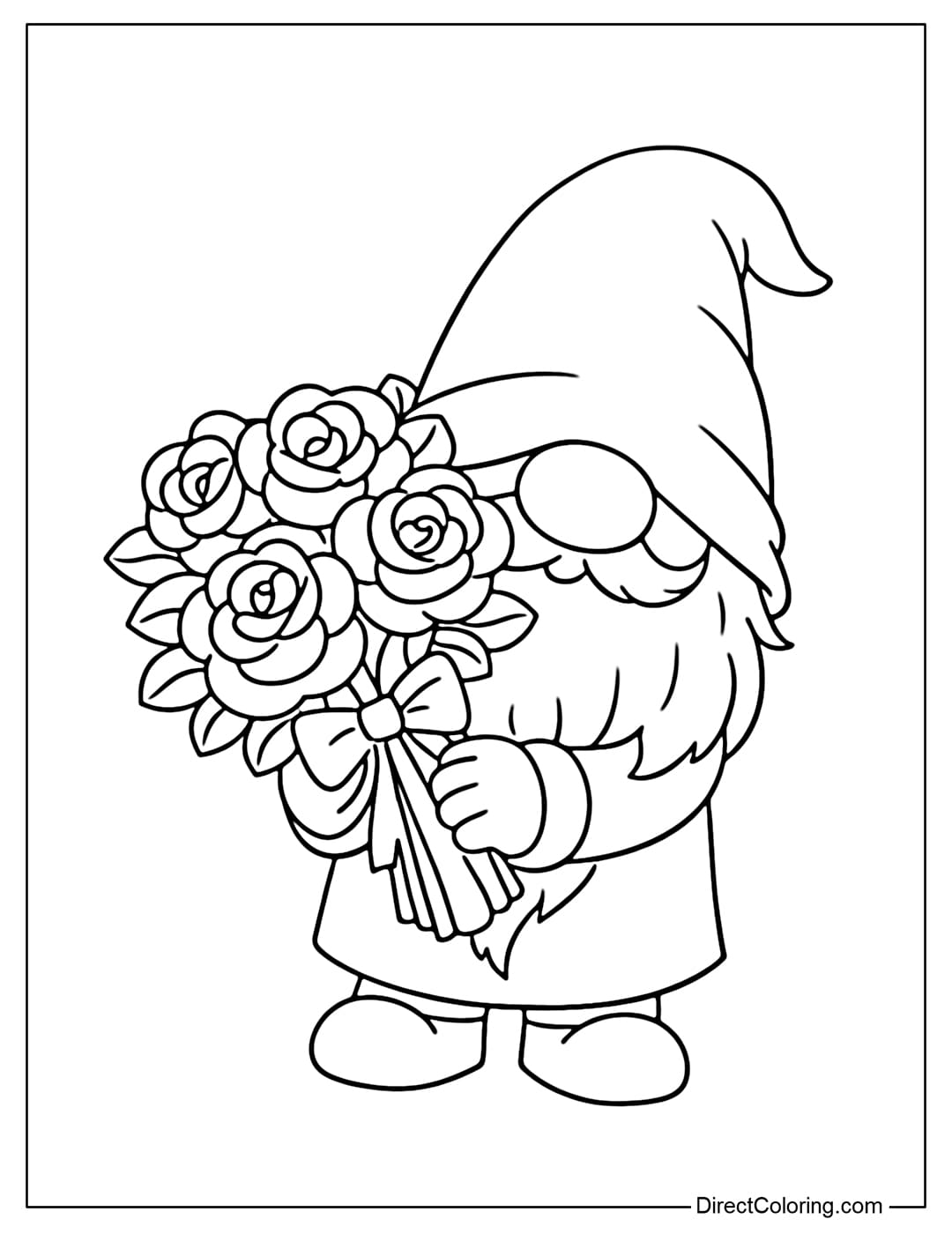A coloring page featuring a cute gnome holding a large bouquet of roses.