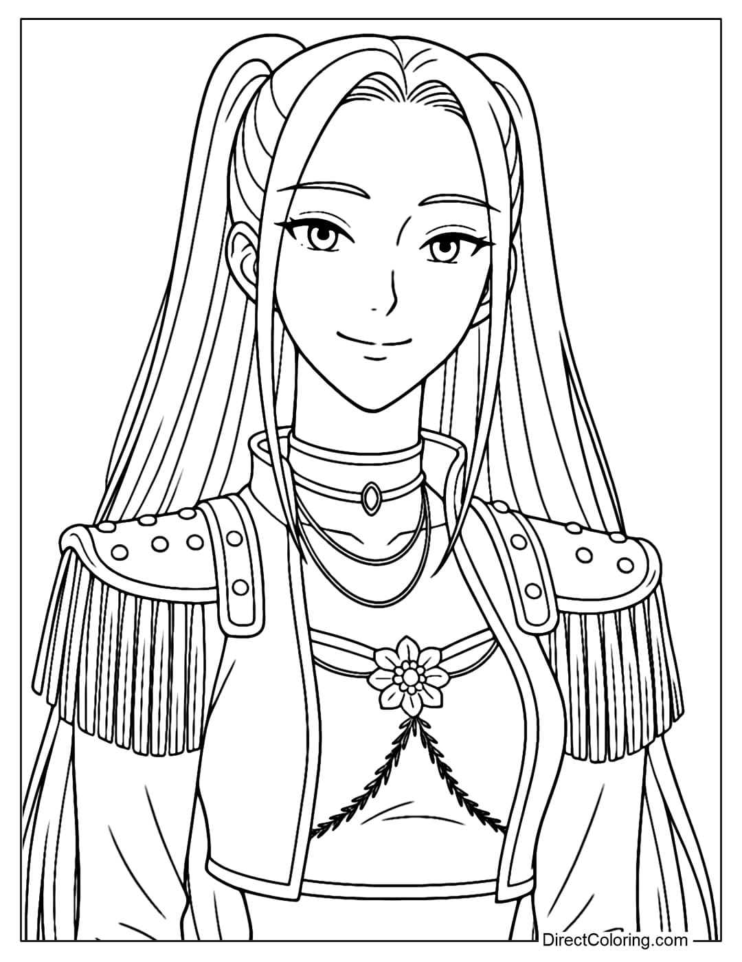 Kpop Demon Hunters Mira Coloring Page in warrior idol style outfit, with shoulder armor with fringe.