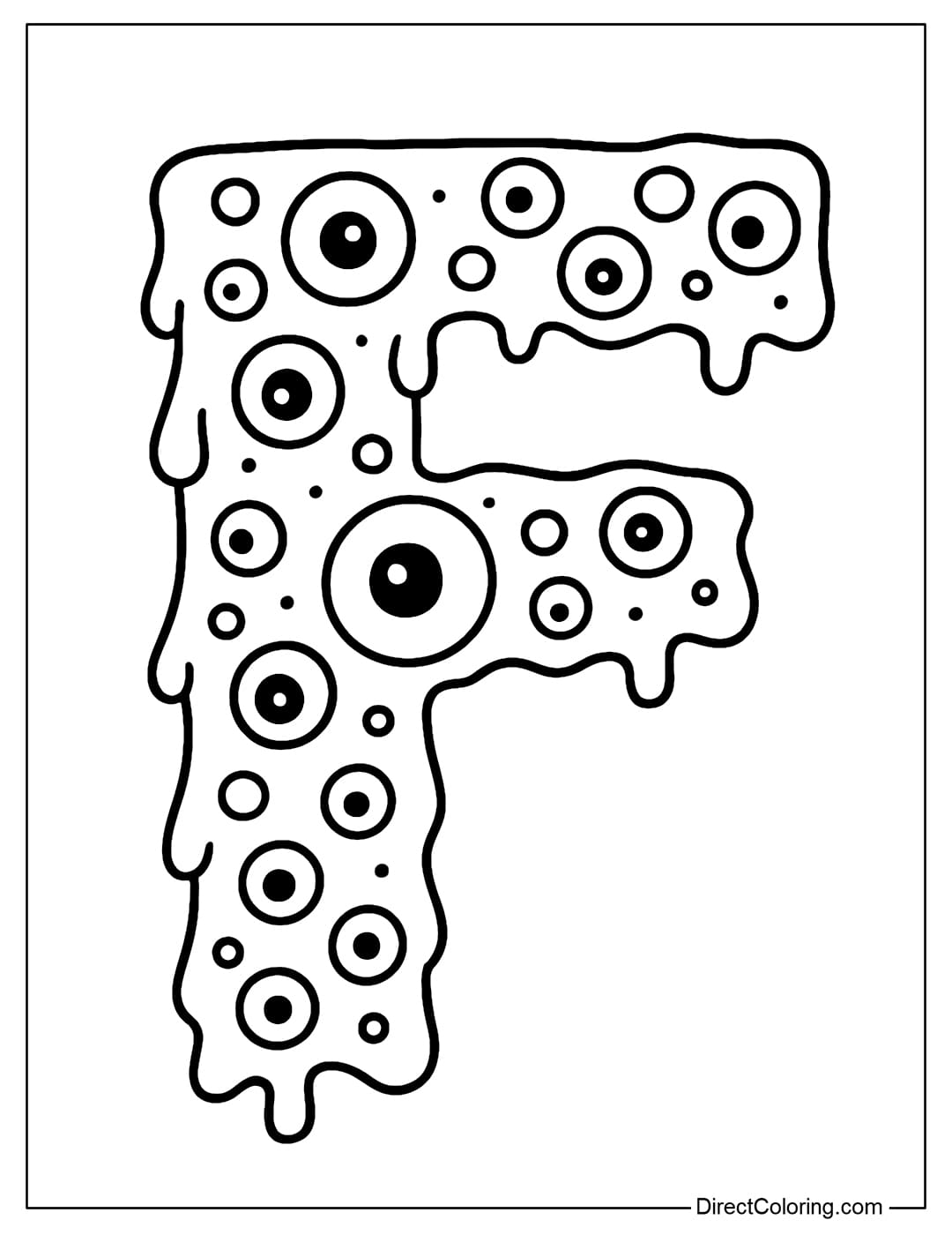 The letter F coloring page is made up of monster eyes of various sizes, alternating with slime and magical bubbles.