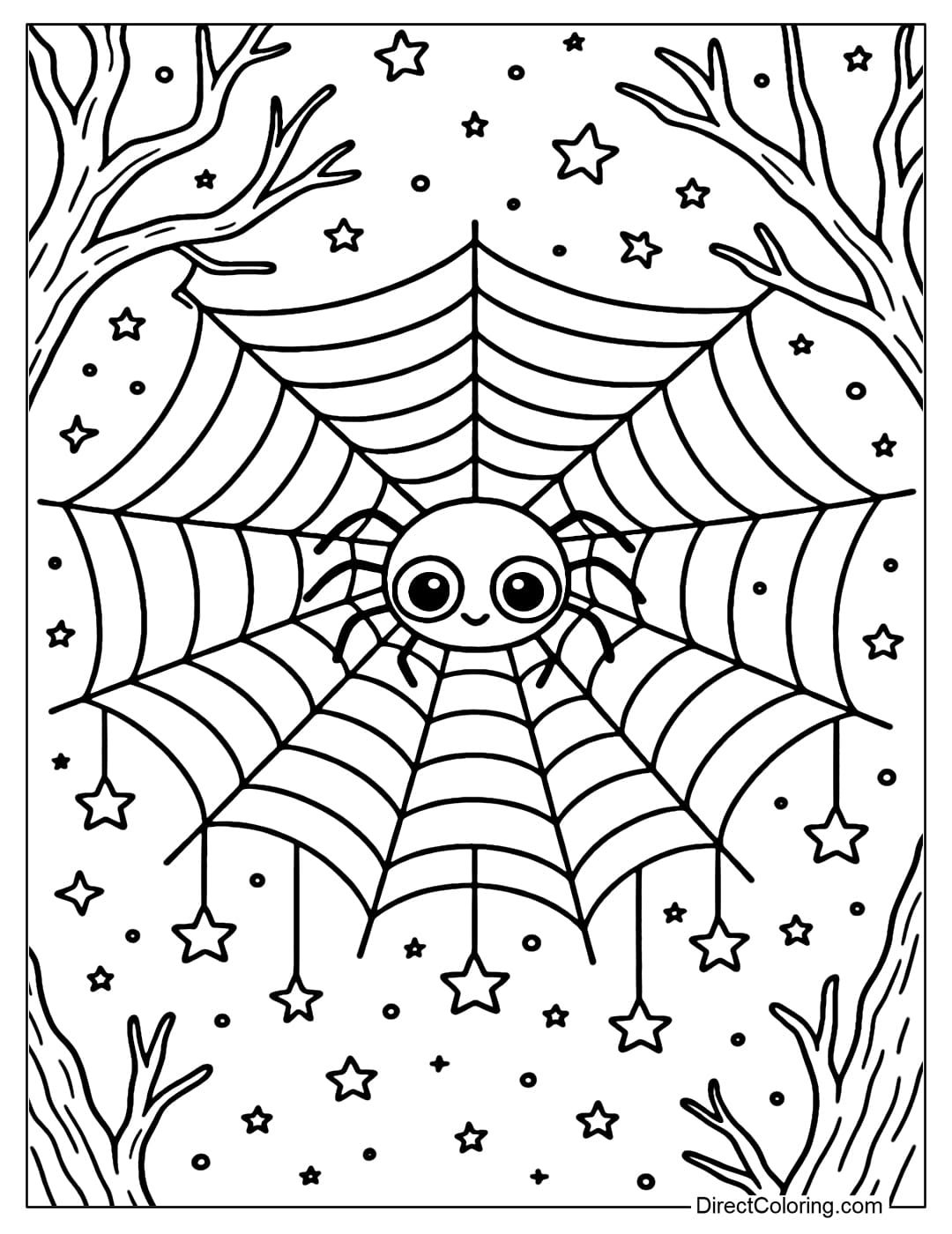 A large spider web coloring page stretched between two dry branches, on the web is a small spider, a few stars sparkling like dew drops.