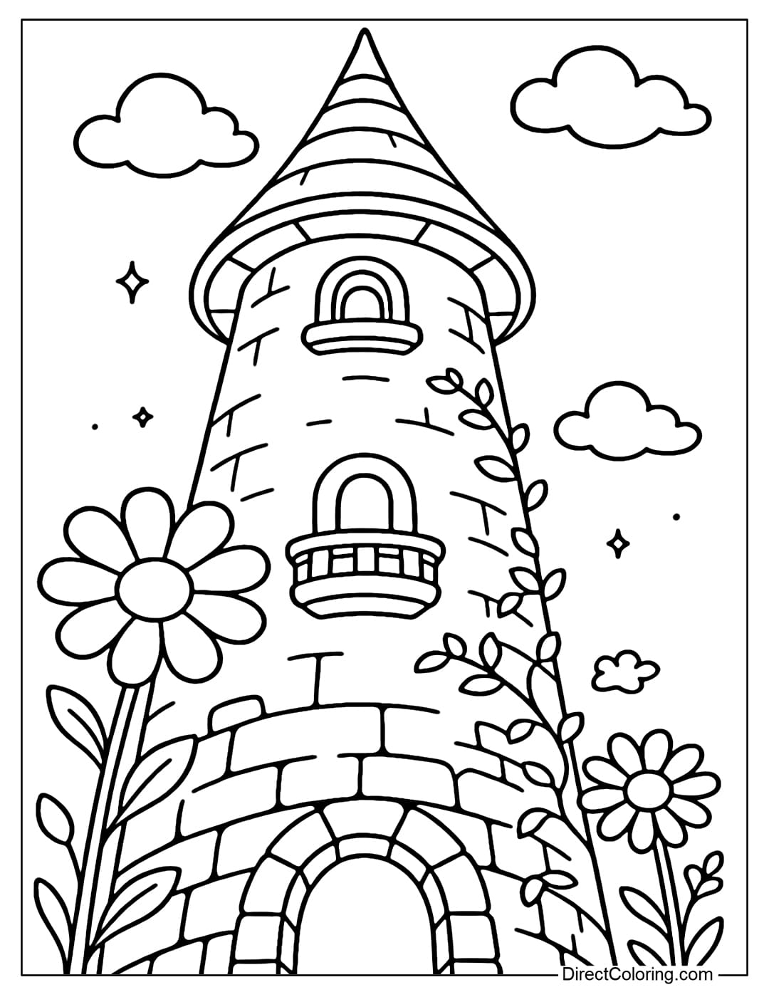 Coloring page with a view from the bottom of a fairy tale tower looking up, the stone walls and vines near the big eyes are clear, gradually rising up are round windows and small balconies.