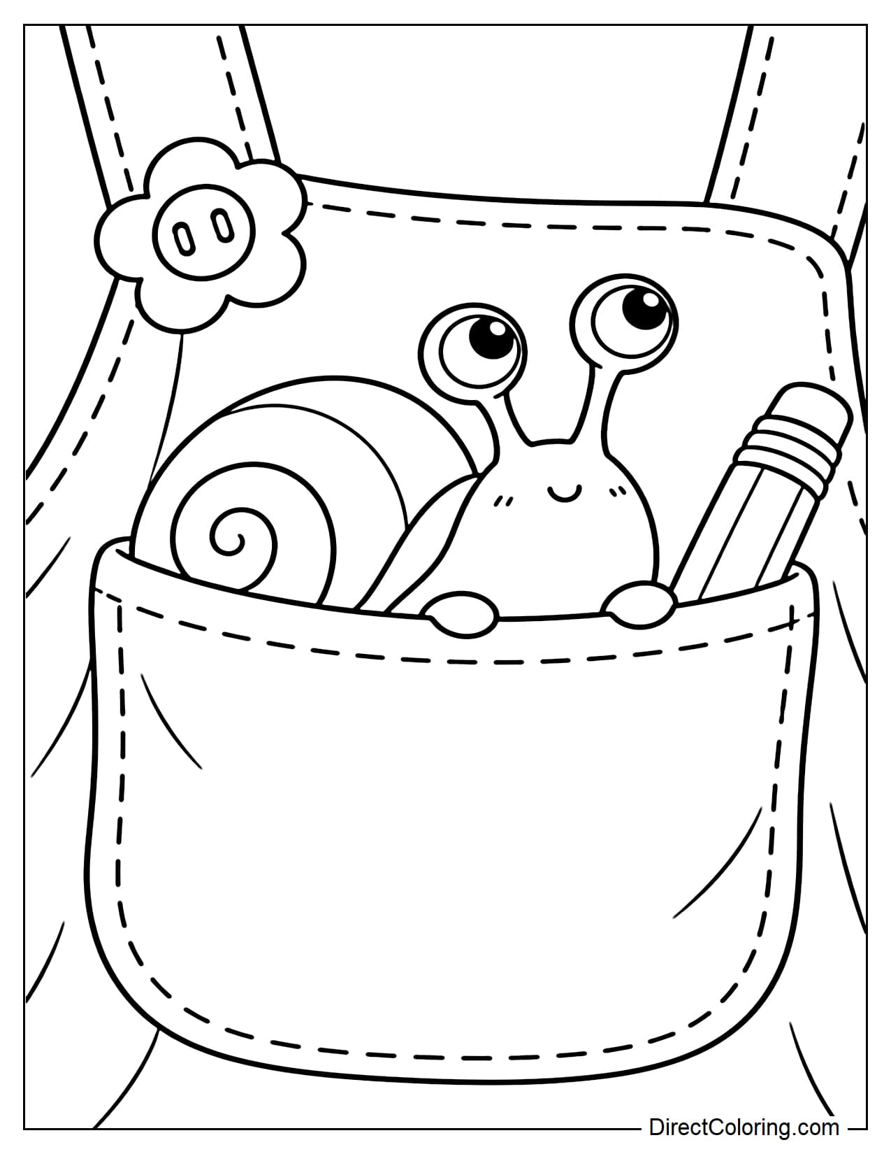A little snail peeking out of a giant overalls pocket, with a short pencil tucked diagonally beside it and a flower-shaped button on the overalls.
