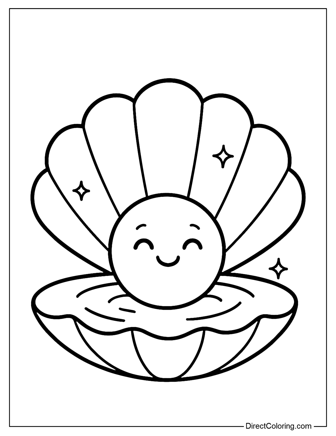 A half-opened clam coloring page, inside is a sparkling smiling pearl.