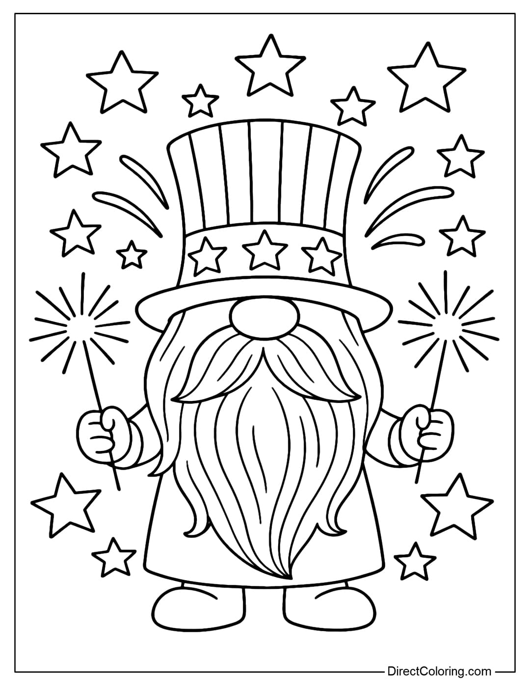 A coloring page featuring a gnome in the theme of American Independence Day, July 4th, wearing an Uncle Sam hat with stars and stripes, and holding two small firecrackers.