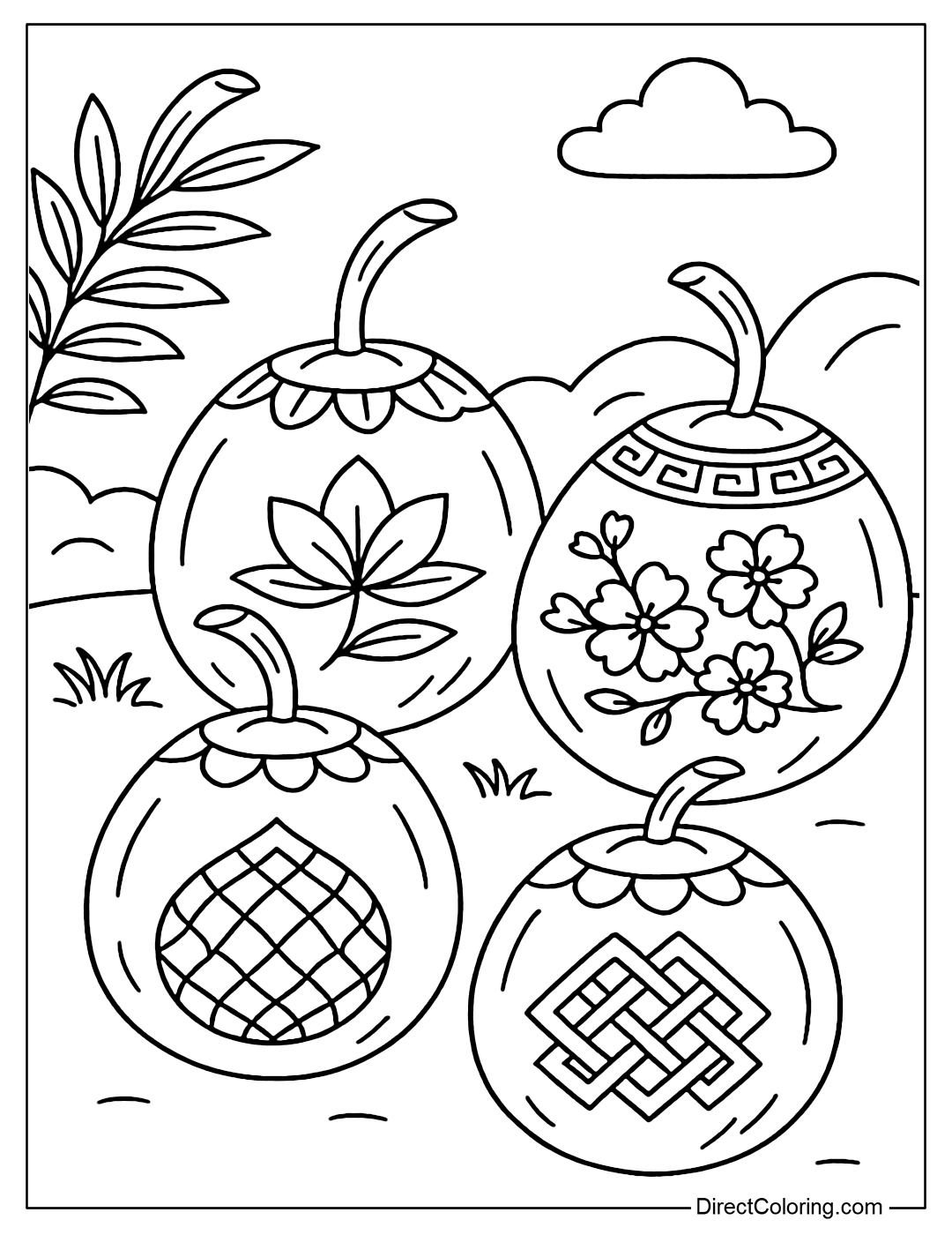 Coconut shell coloring page with beautifully drawn patterns, arranged into a collection.
