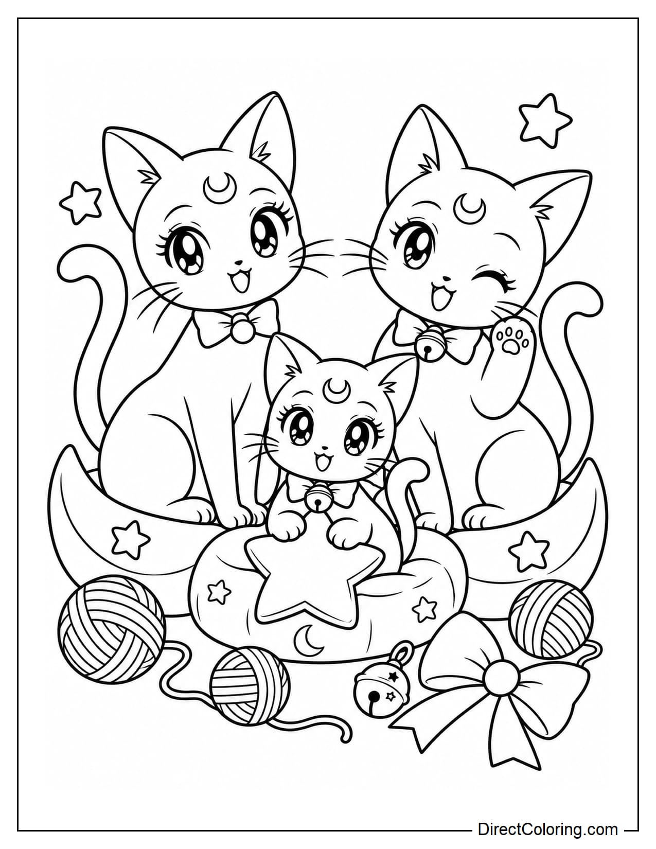 The three magical cats: Luna, Artemis, and Diana, sit together on three crescent moon-shaped pillows placed side by side. Luna sits on the left, Artemis on the right, and Diana in the middle. Around them are a few balls of yarn, large bows, stars, and a small bell.